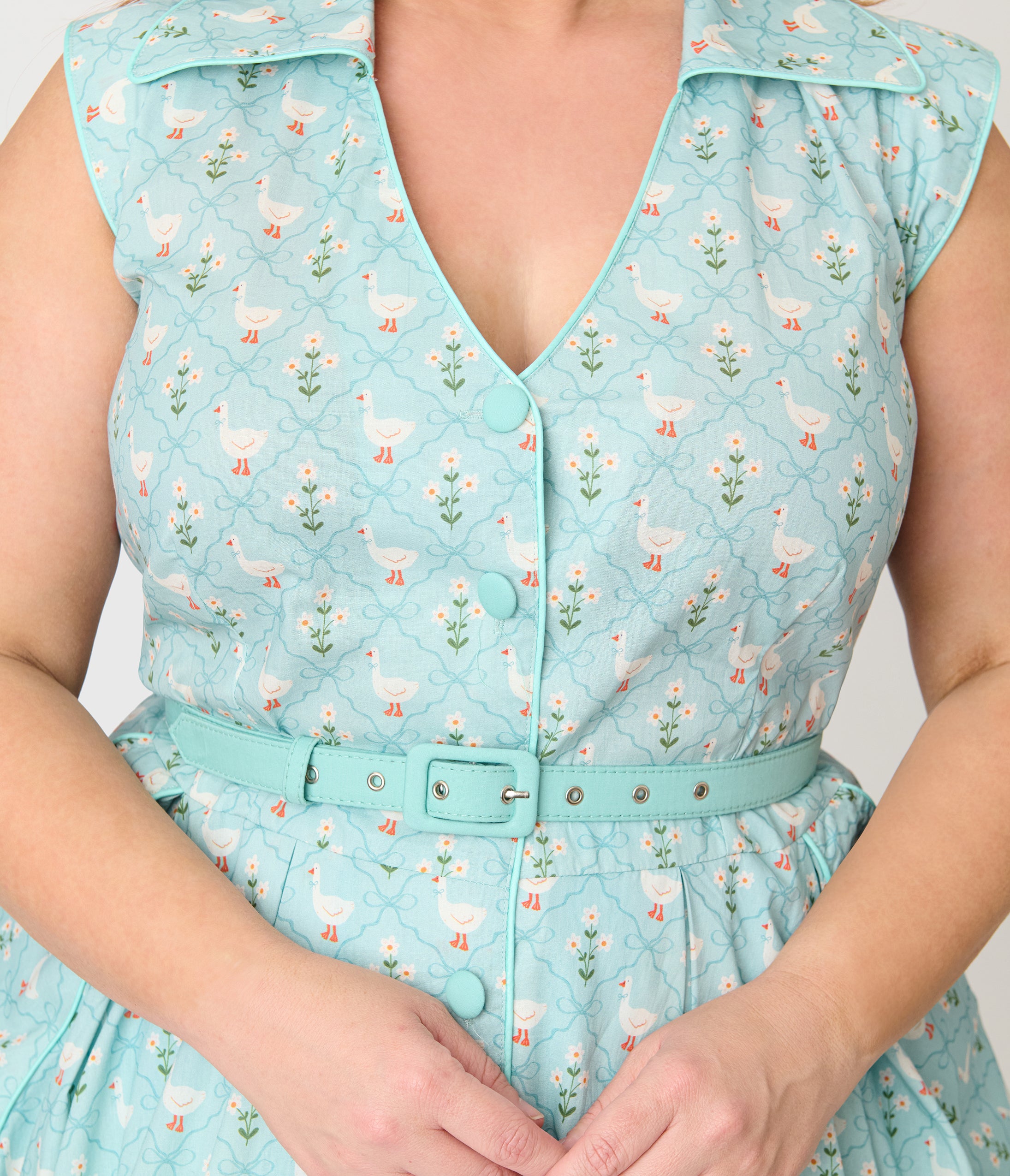 Unique Vintage Plus Size Blue & Goose Print Cotton Shirt Swing Dress
