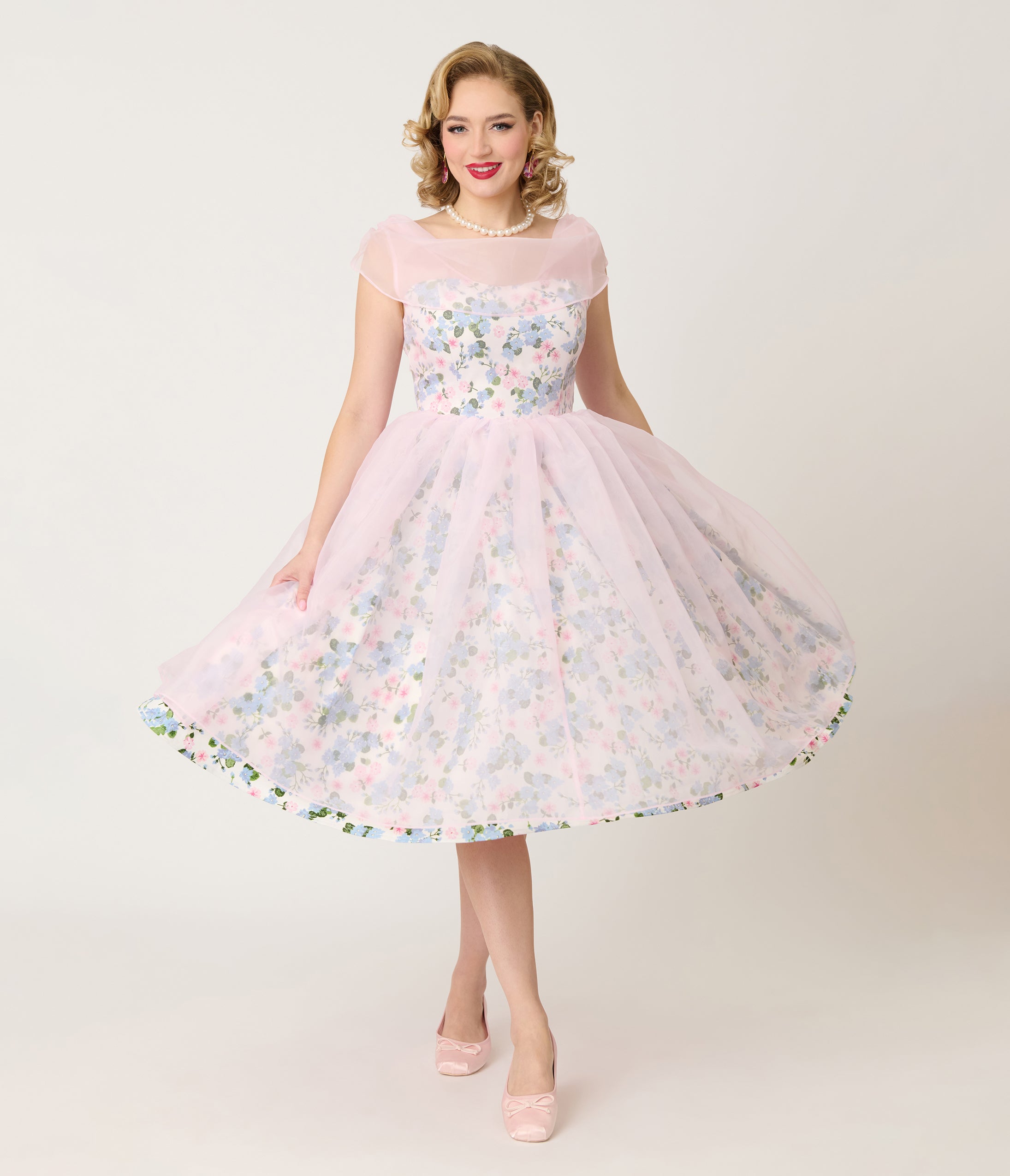 Unique Vintage Sheer Pink Chiffon & Rose Modern Art Swing Dress