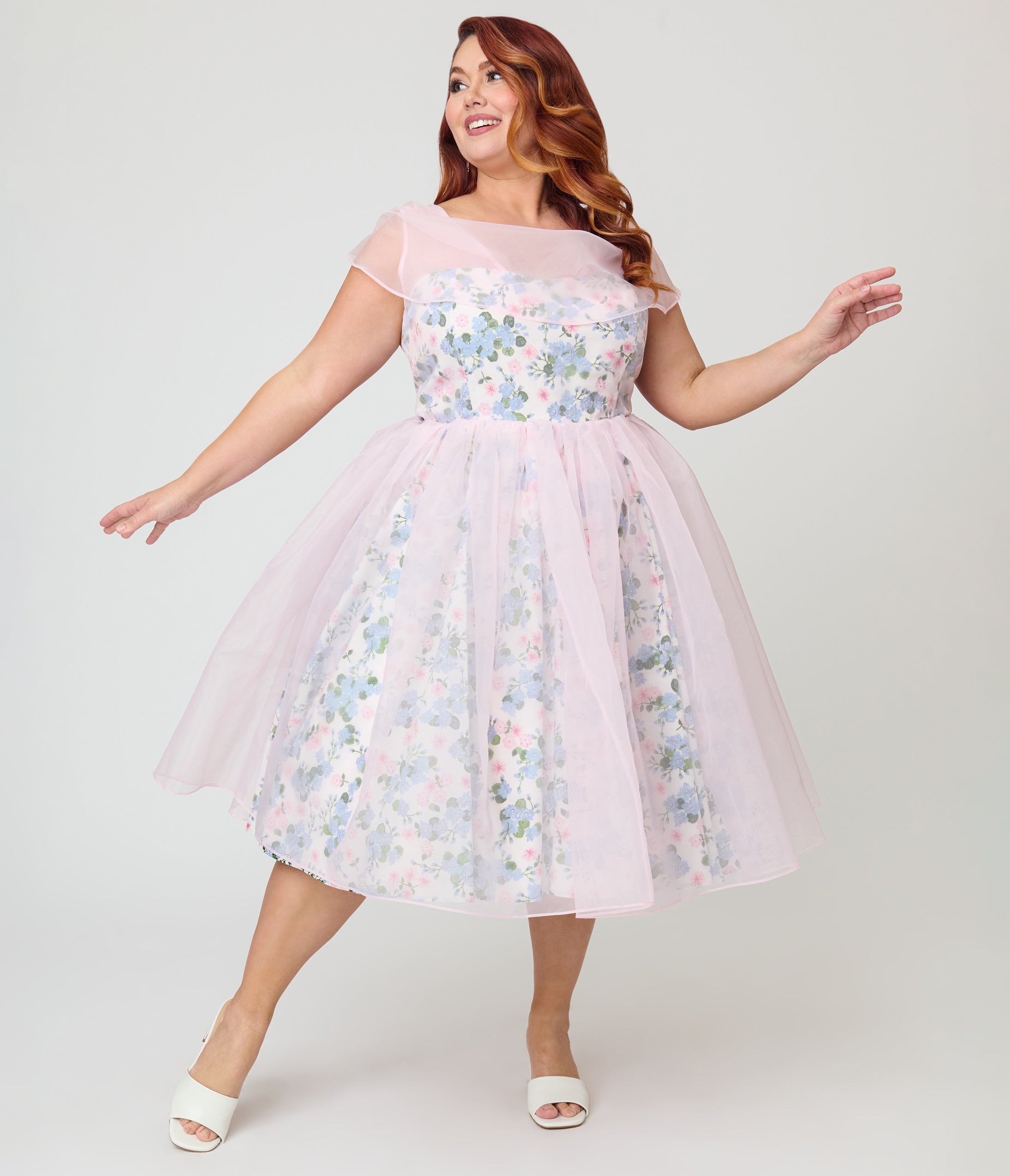 Unique Vintage Plus Size Sheer Pink Chiffon & Rose Modern Art Swing Dress