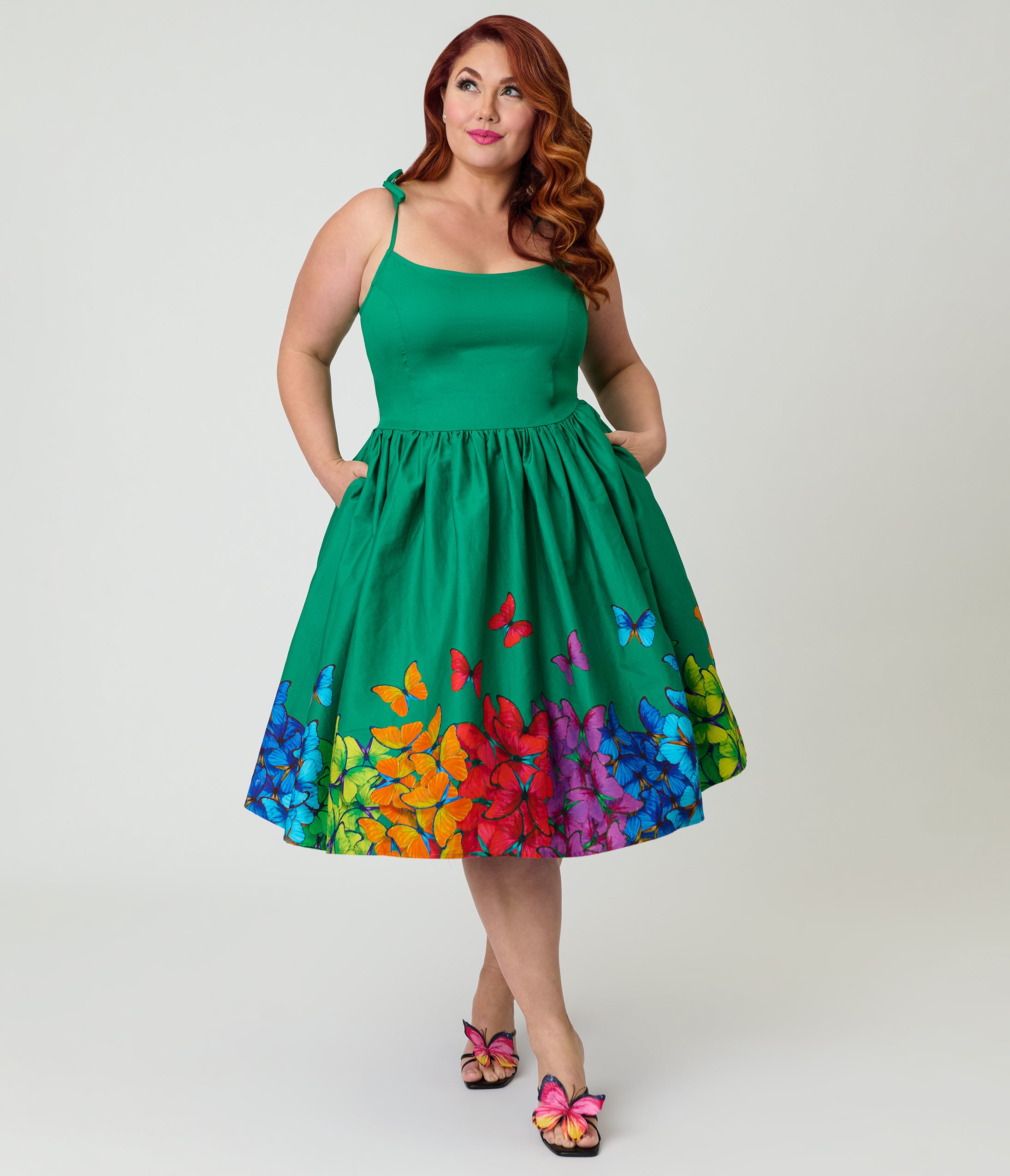 Unique Vintage Plus Size Green & Rainbow Butterfly Cotton Bobbie Swing Dress
