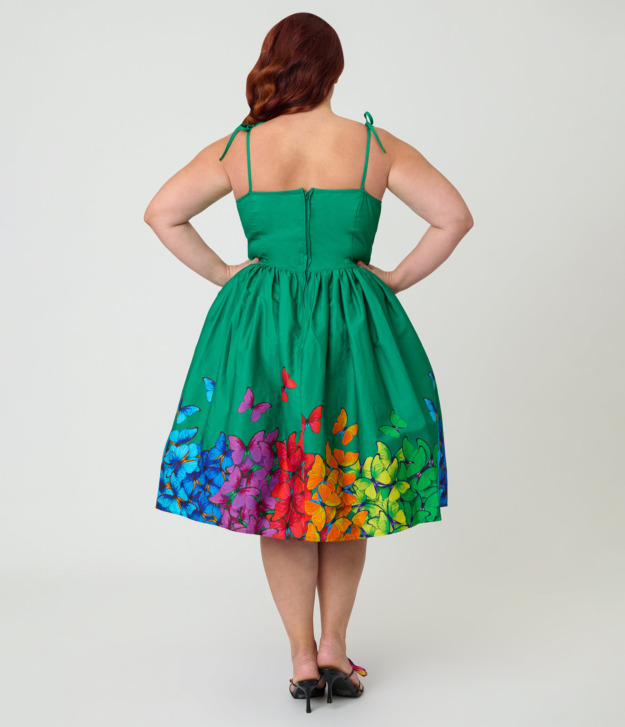 Unique Vintage Plus Size Green & Rainbow Butterfly Cotton Bobbie Swing Dress