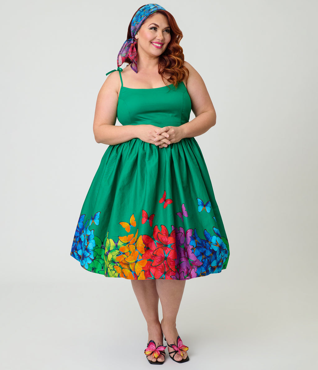 Unique Vintage Plus Size Green & Rainbow Butterfly Cotton Bobbie Swing Dress