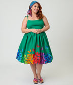 Unique Vintage Plus Size Green & Rainbow Butterfly Cotton Bobbie Swing Dress