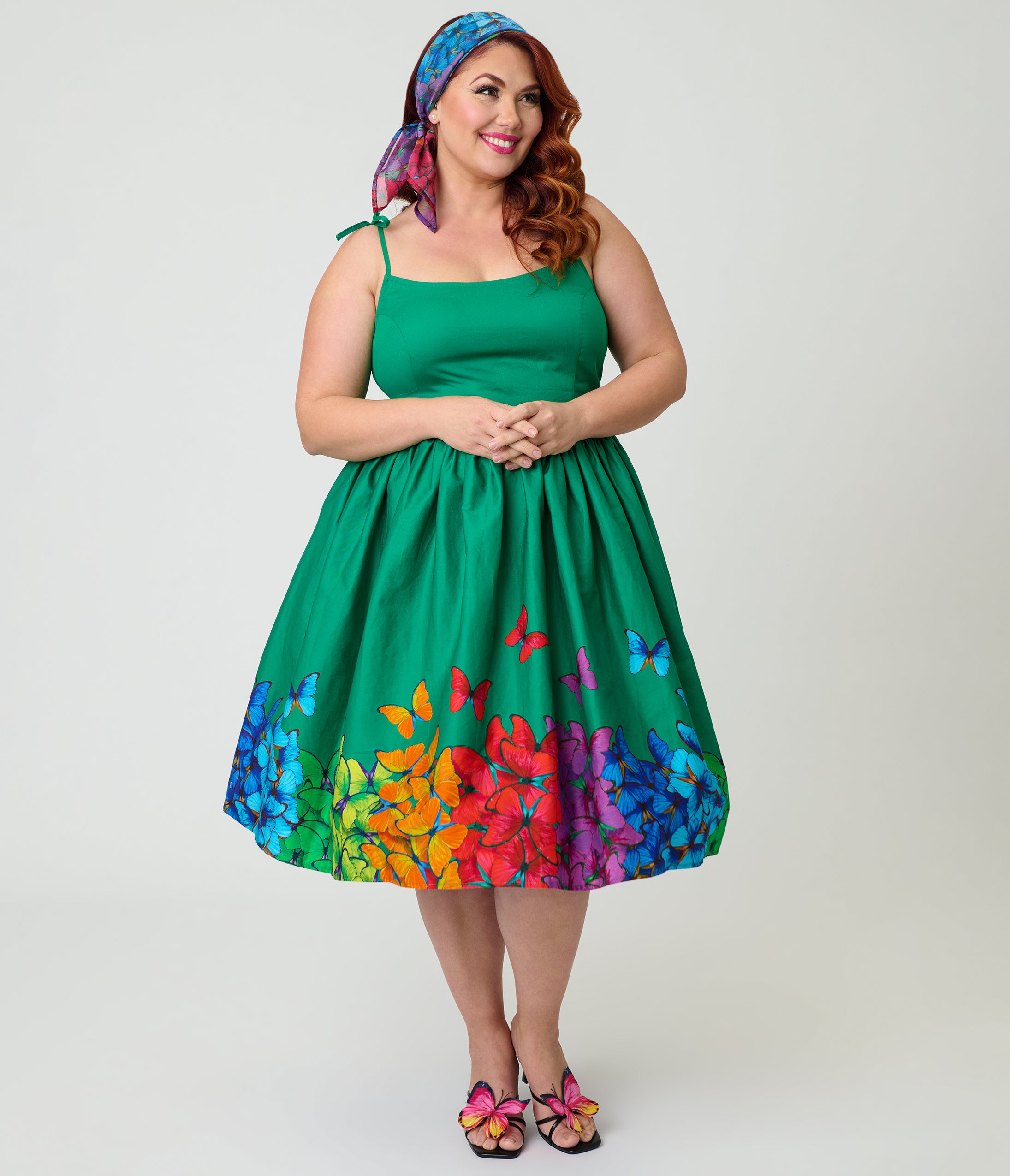 Unique Vintage Plus Size Green & Rainbow Butterfly Cotton Bobbie Swing Dress
