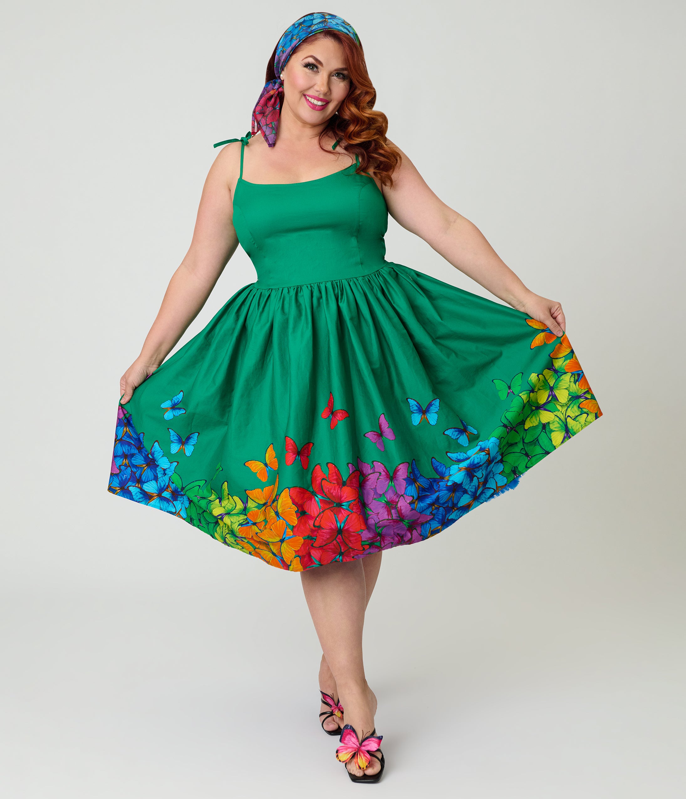 Unique Vintage Plus Size Green & Rainbow Butterfly Cotton Bobbie Swing Dress