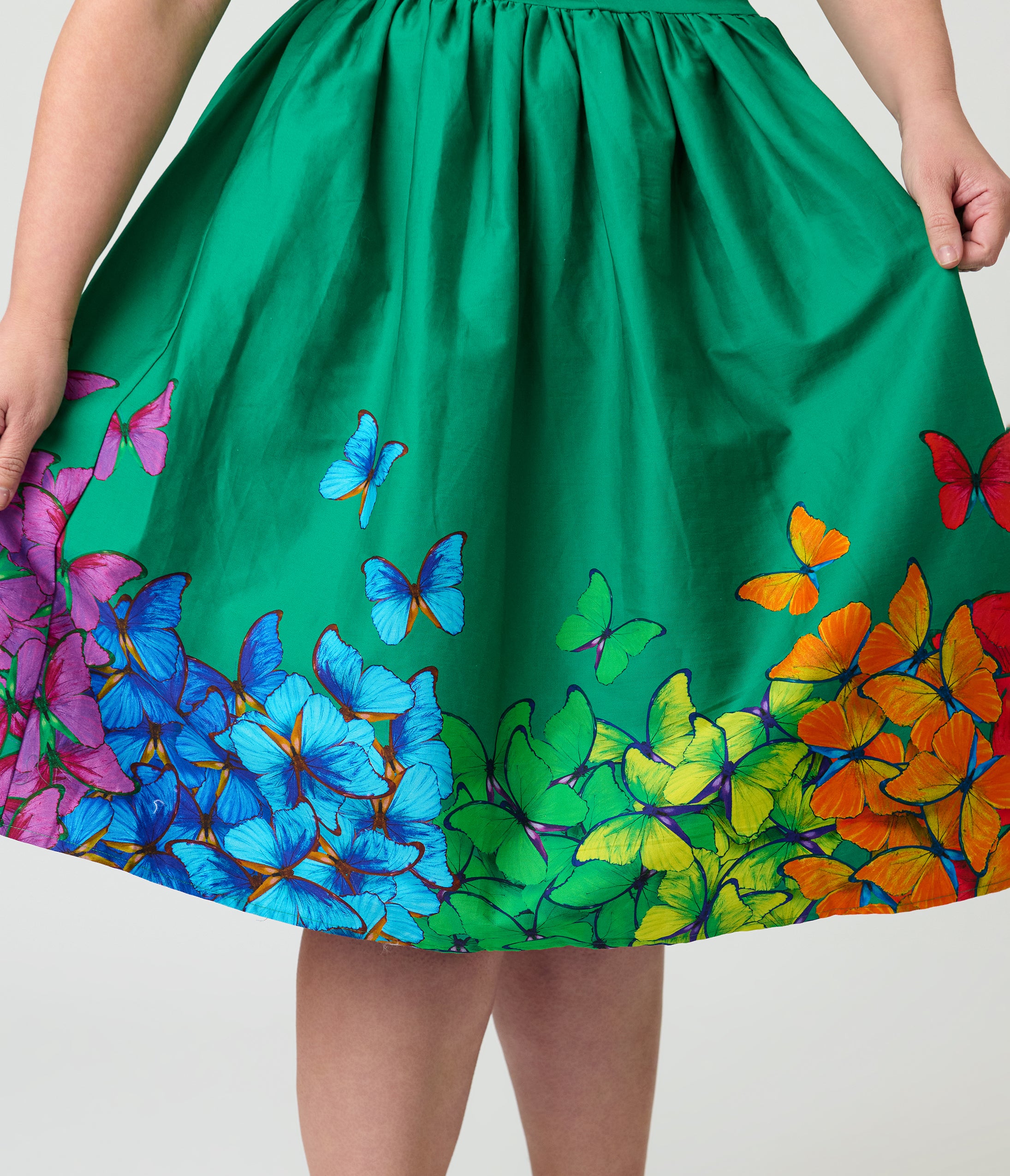 Unique Vintage Plus Size Green & Rainbow Butterfly Cotton Bobbie Swing Dress