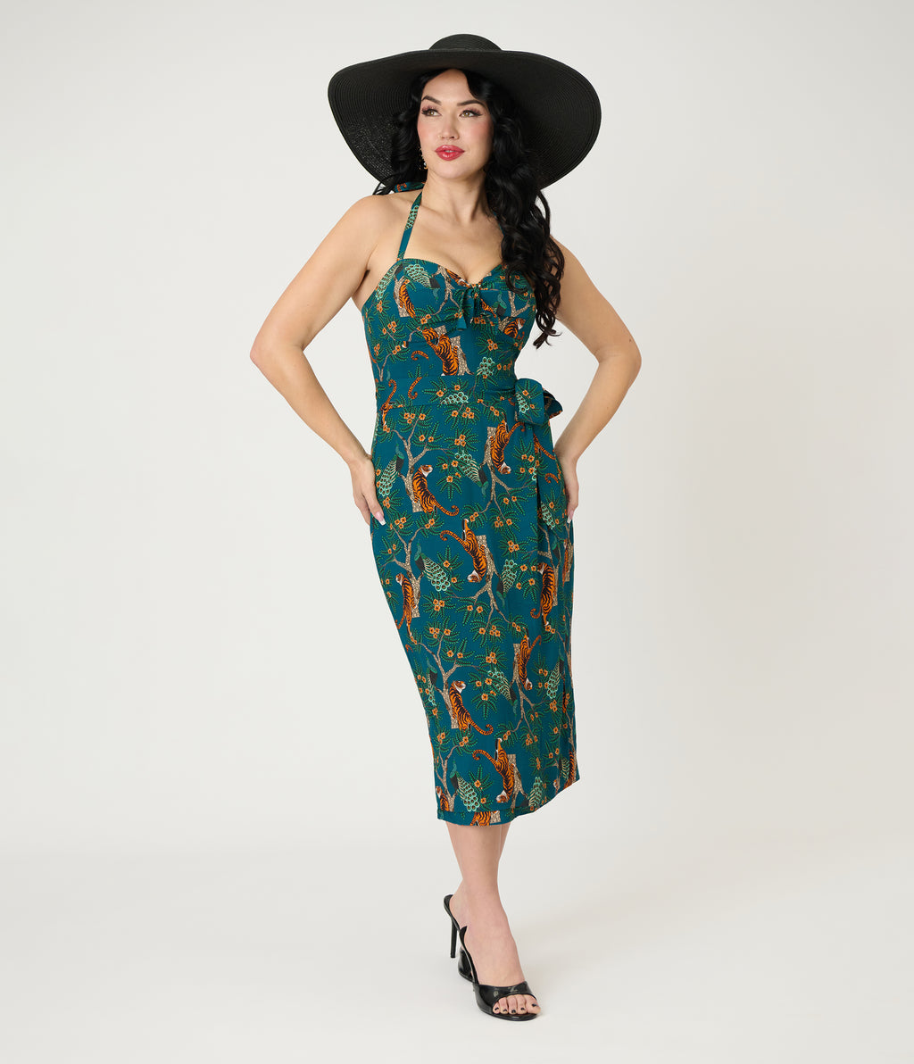 Unique Vintage Green & Tiger Print Leilani Sarong Dress