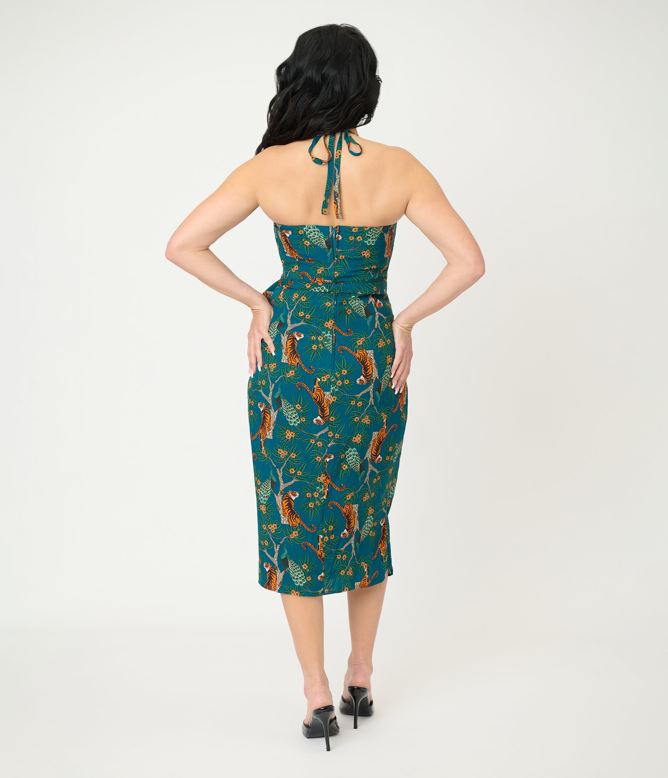 Unique Vintage Green & Tiger Print Leilani Sarong Dress