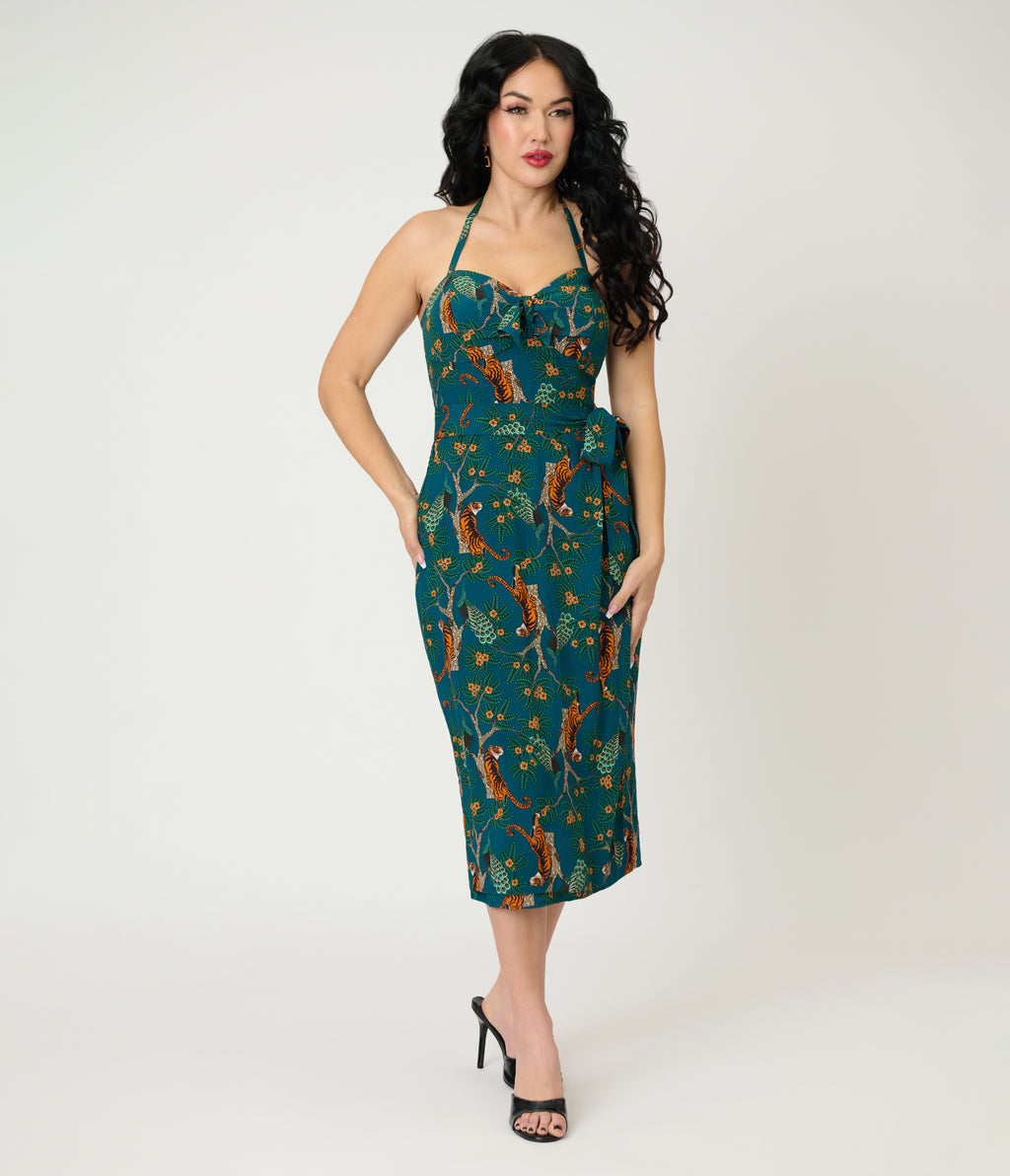 Unique Vintage Green & Tiger Print Leilani Sarong Dress