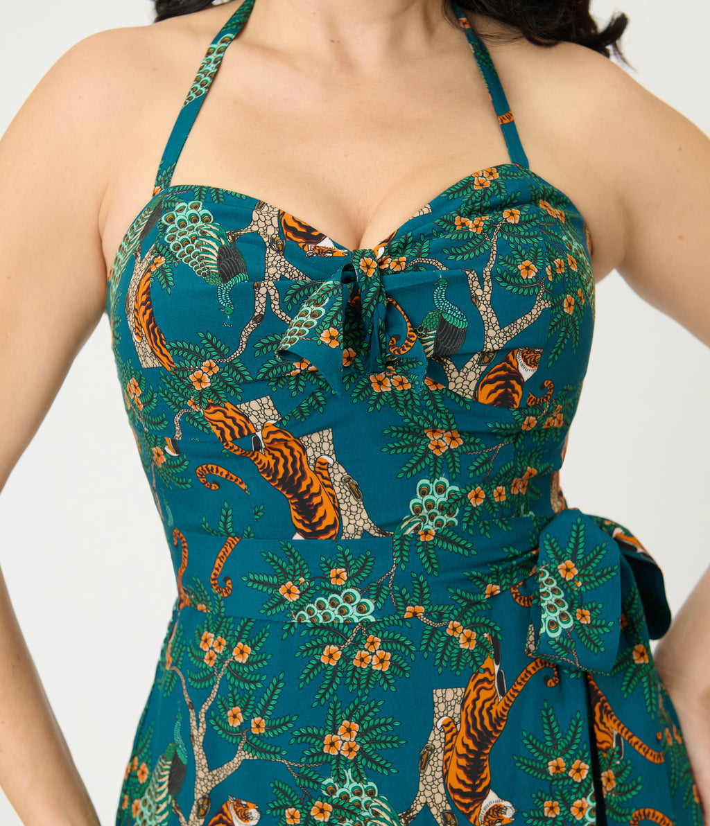 Unique Vintage Green & Tiger Print Leilani Sarong Dress