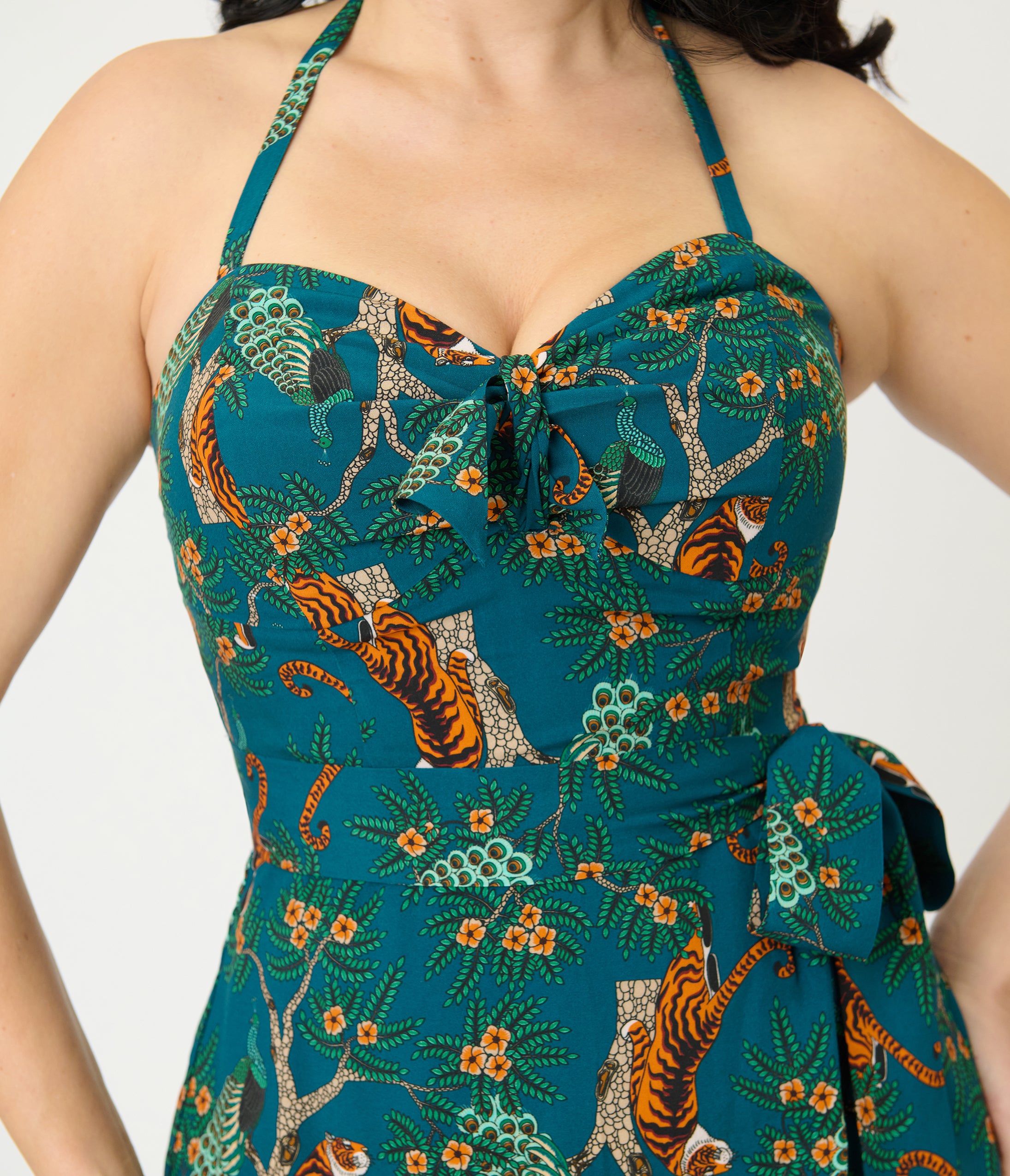 Unique Vintage Green & Tiger Print Leilani Sarong Dress