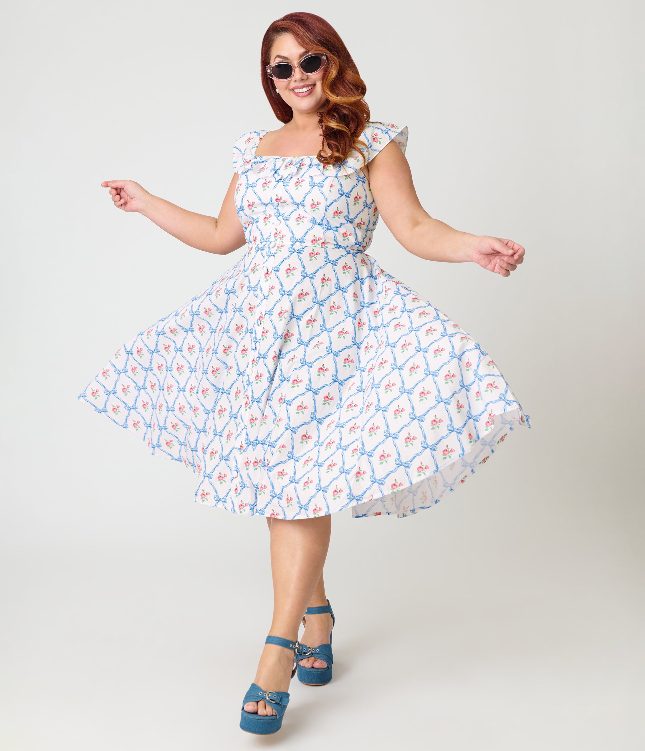 Magnolia Place Plus Size White & Rose Trellis Barbara Swing Dress