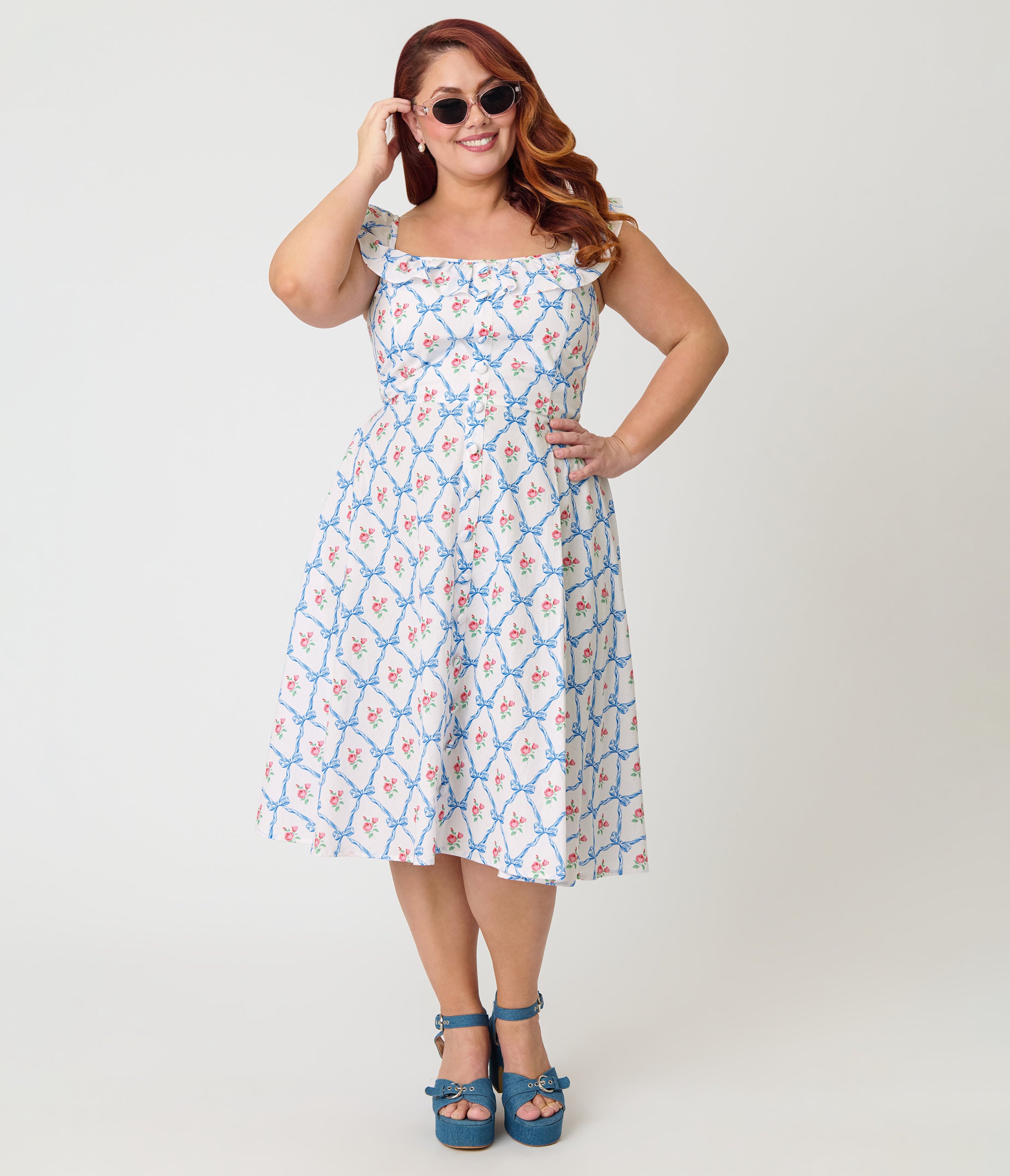 Magnolia Place Plus Size White & Rose Trellis Barbara Swing Dress