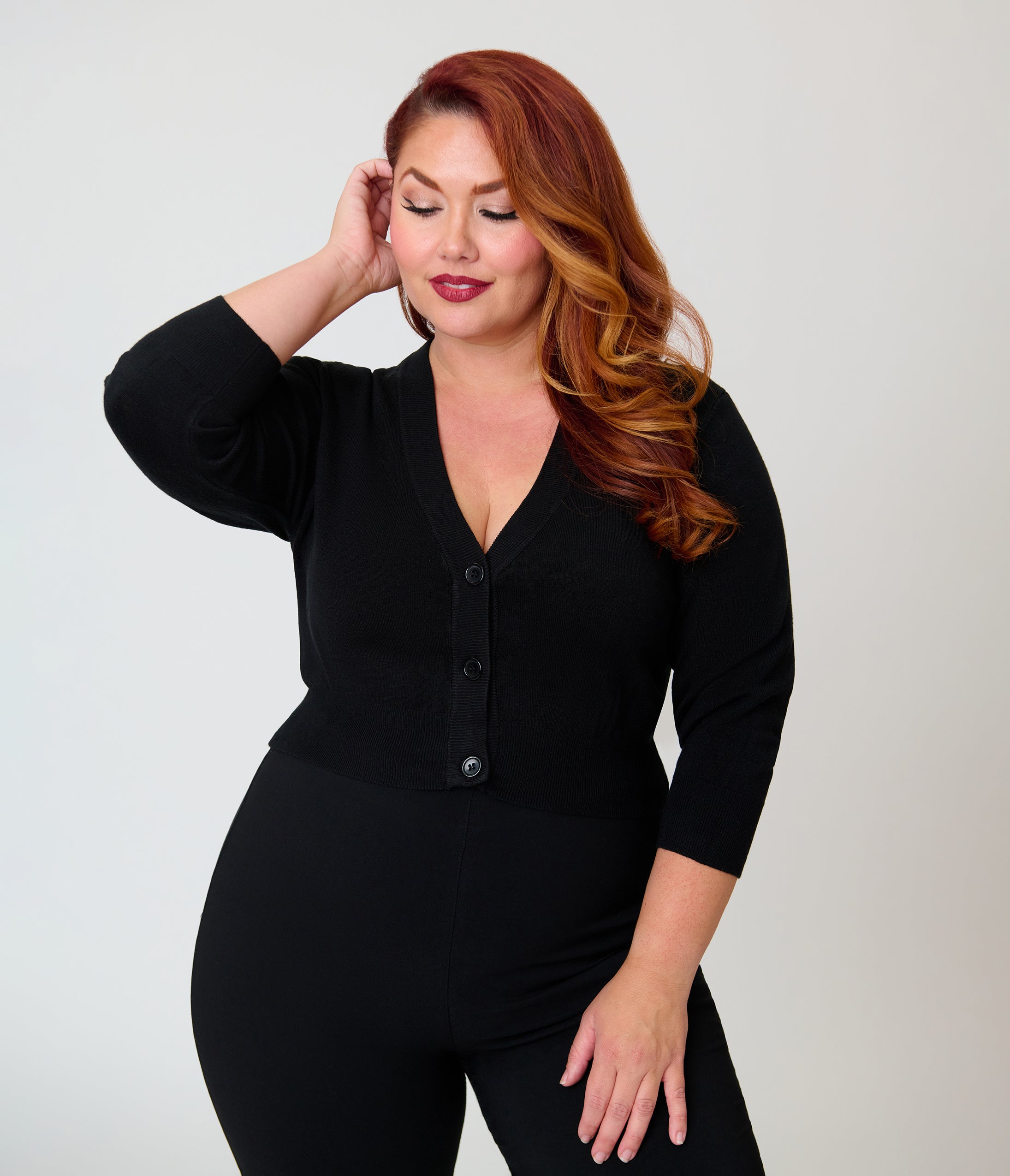 Plus Size Black Three Quarter Sleeve Crop Cardigan