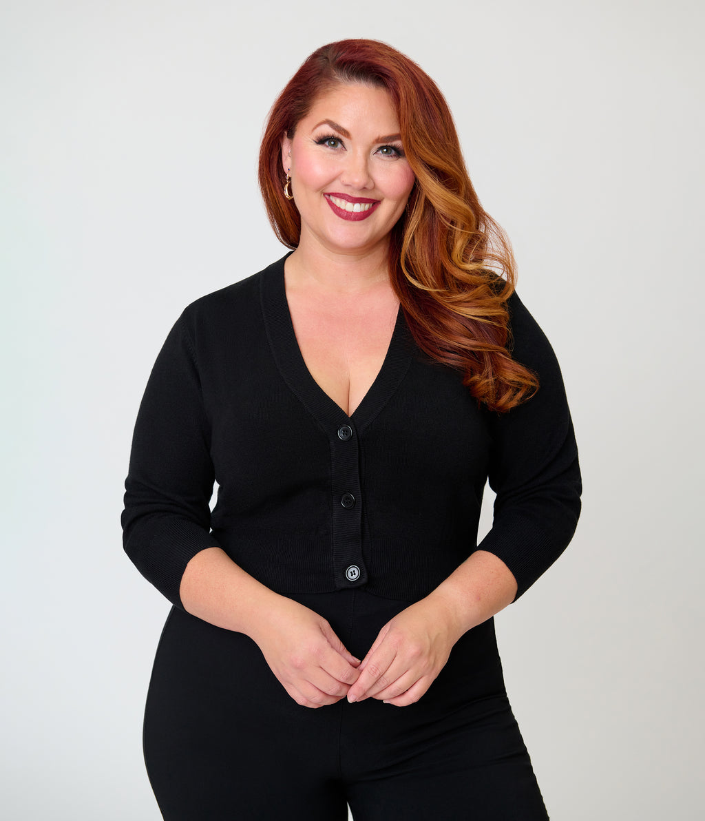 Plus Size Black Three Quarter Sleeve Crop Cardigan