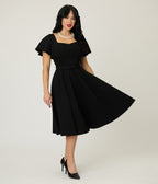 Unique Vintage Black Flutter Sleeve Swing Dress