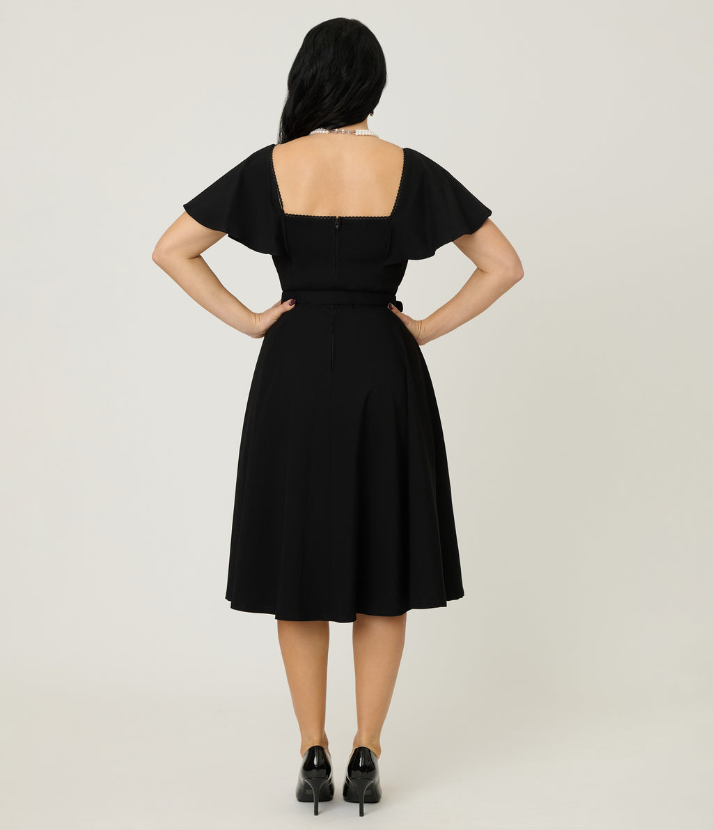 Unique Vintage Black Flutter Sleeve Swing Dress
