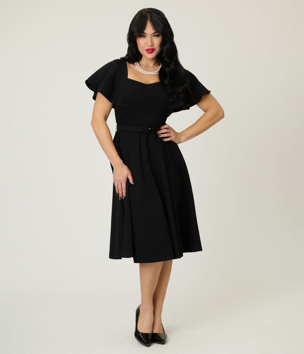 Unique Vintage Black Flutter Sleeve Swing Dress