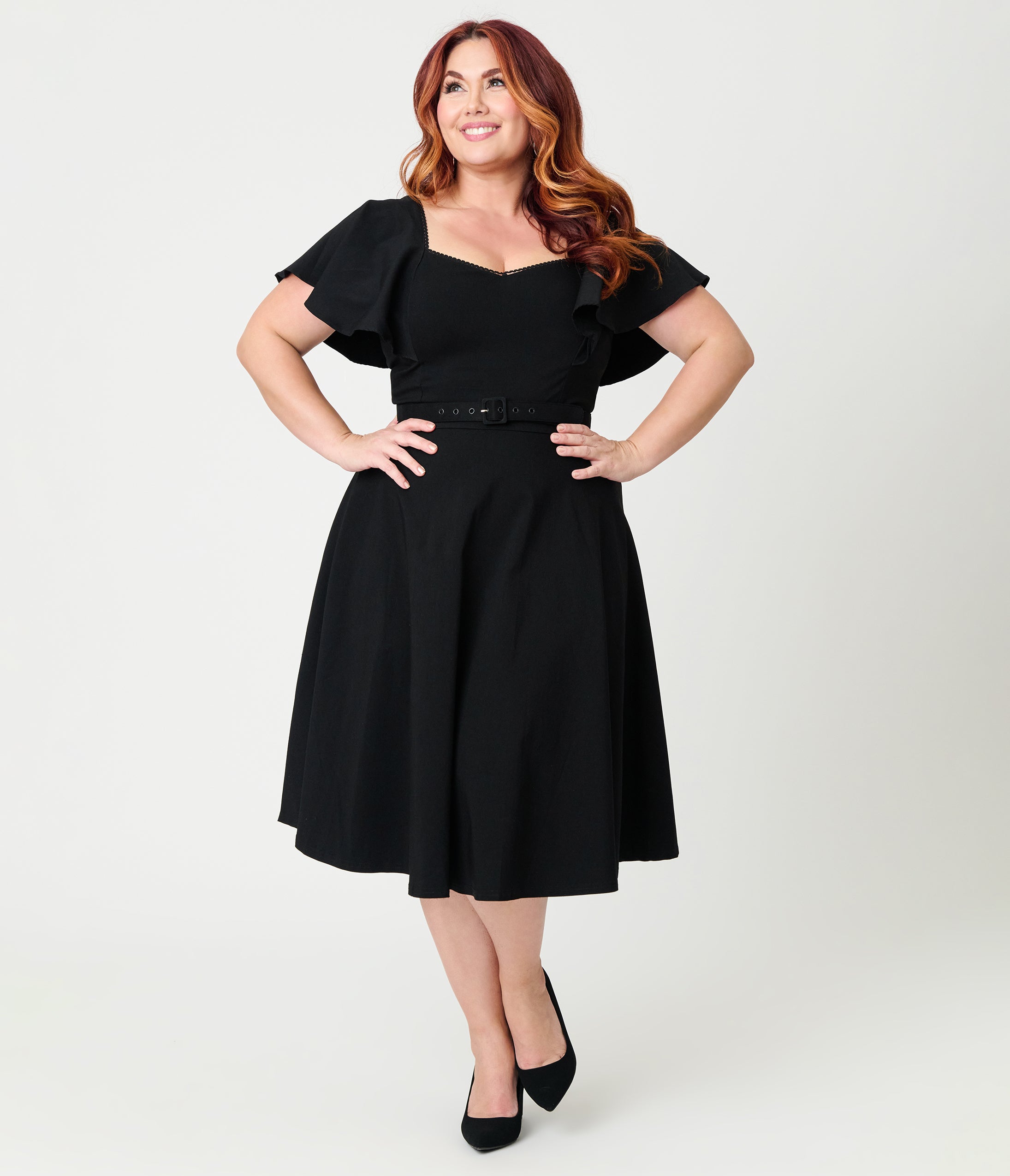 Unique Vintage Plus Size Black Flutter Sleeve Swing Dress