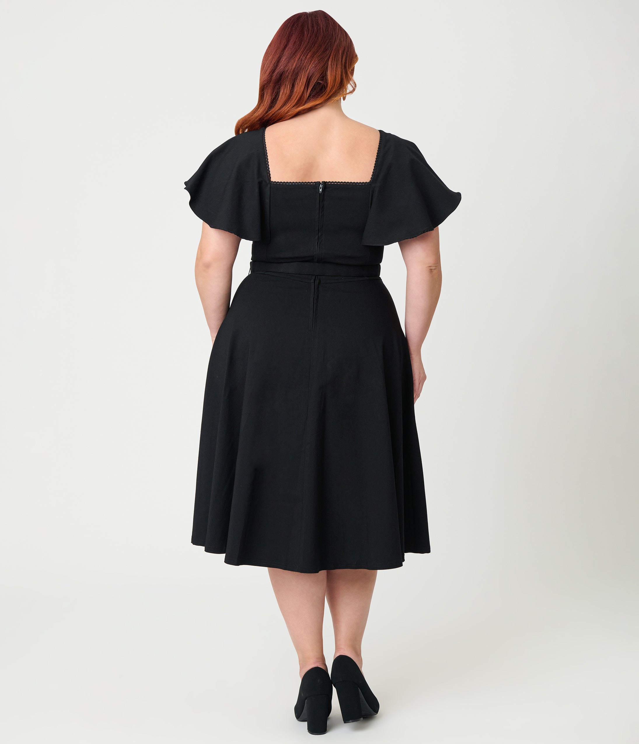 Unique Vintage Plus Size Black Flutter Sleeve Swing Dress