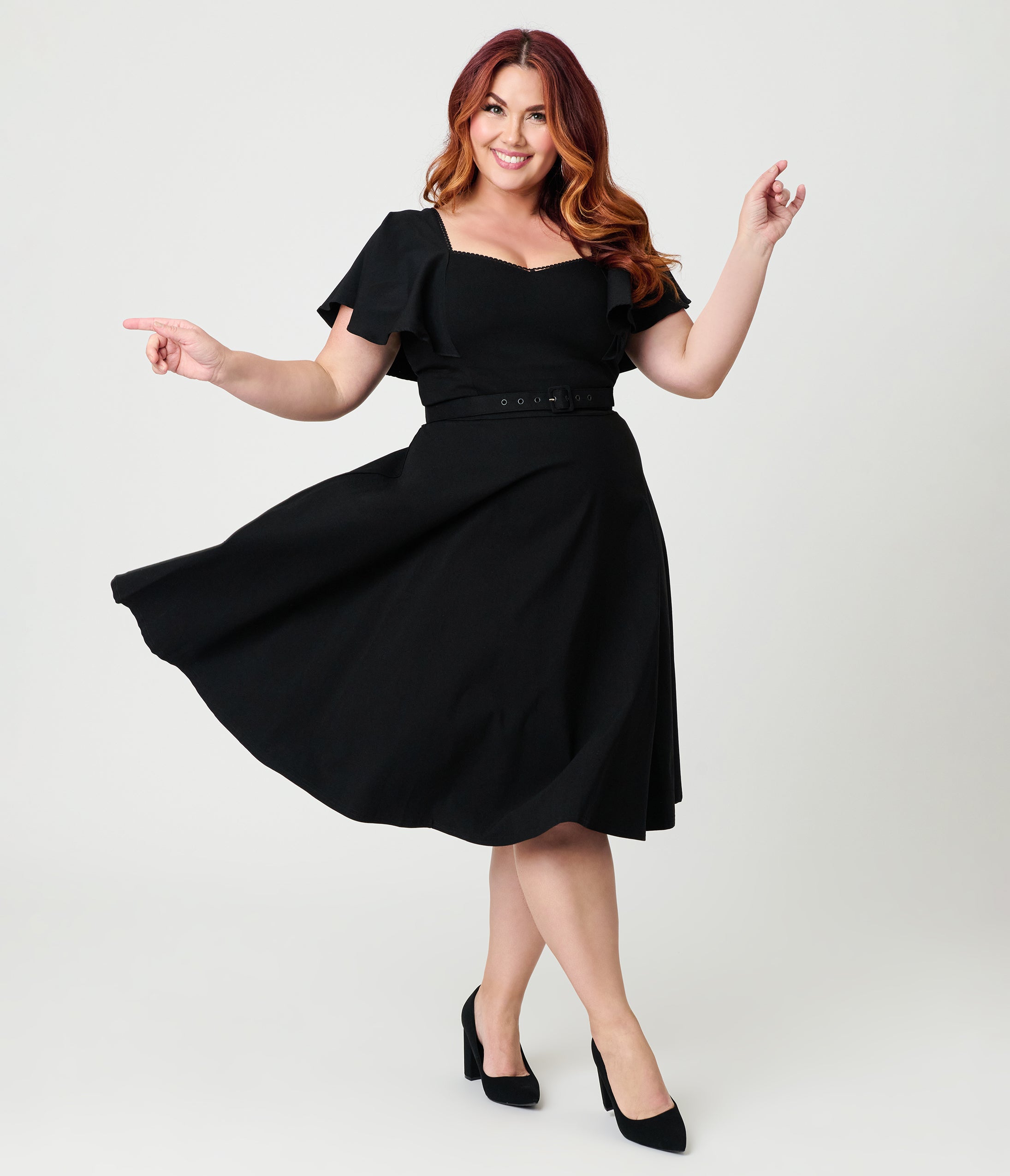 Unique Vintage Plus Size Black Flutter Sleeve Swing Dress