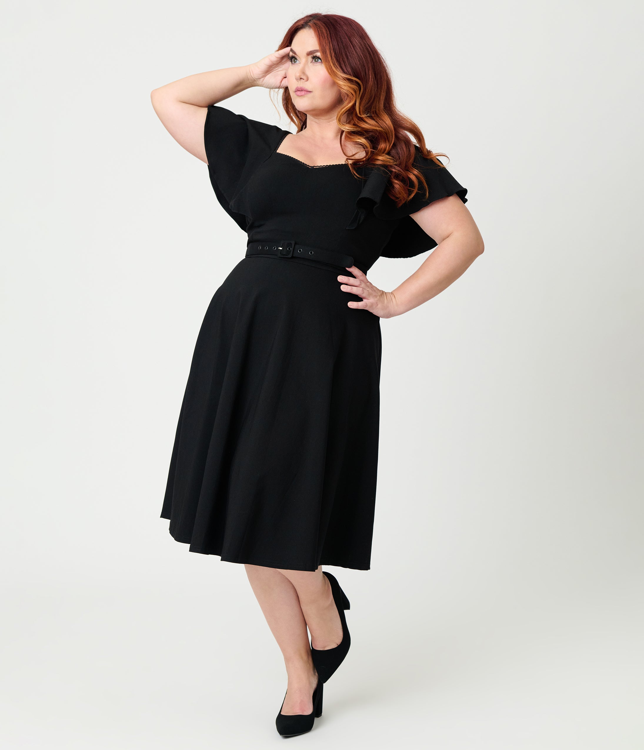 Unique Vintage Plus Size Black Flutter Sleeve Swing Dress