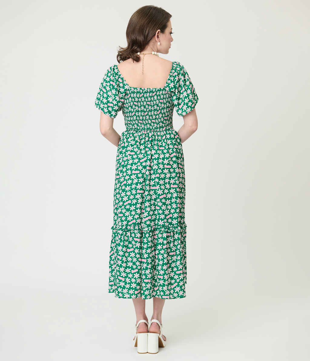 Barbie™ x Unique Vintage Green Ditzy Daisy Smocked Midi Dress
