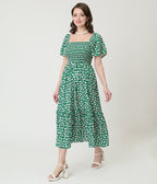 Barbie™ x Unique Vintage Green Ditzy Daisy Smocked Midi Dress