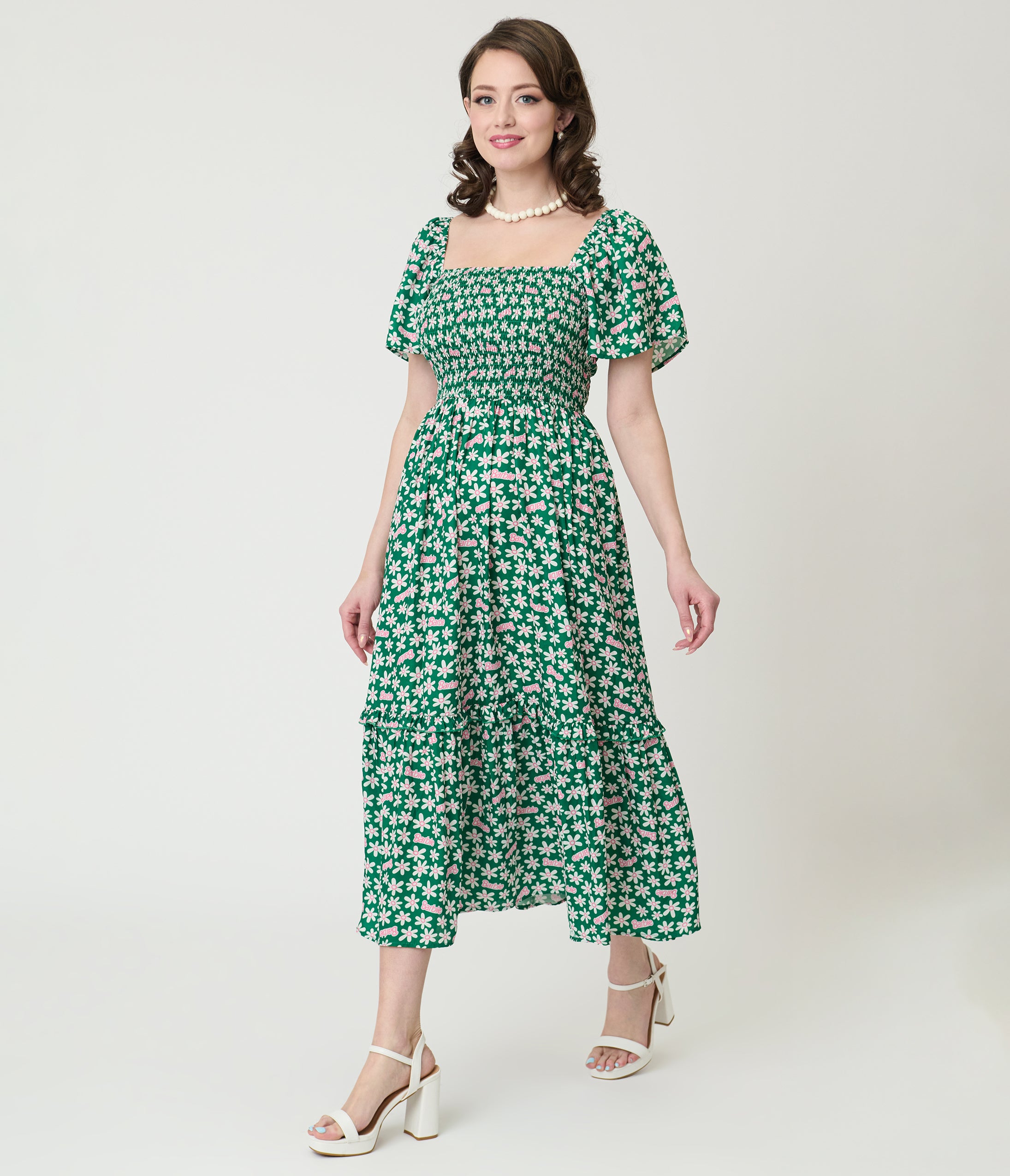 Barbie™ x Unique Vintage Green Ditzy Daisy Smocked Midi Dress