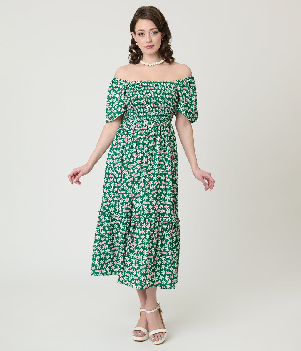 Barbie™ x Unique Vintage Green Ditzy Daisy Smocked Midi Dress