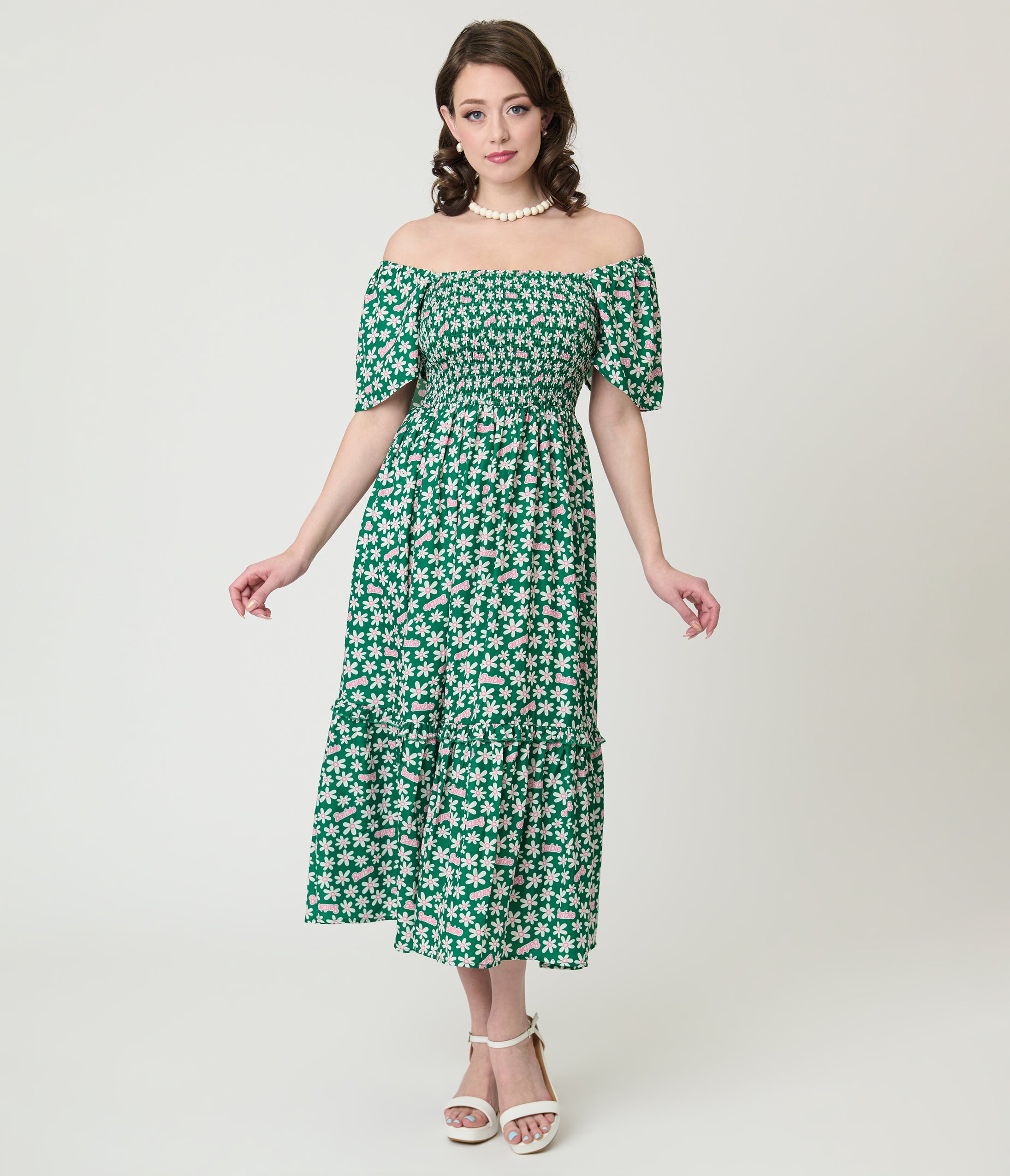 Barbie™ x Unique Vintage Green Ditzy Daisy Smocked Midi Dress
