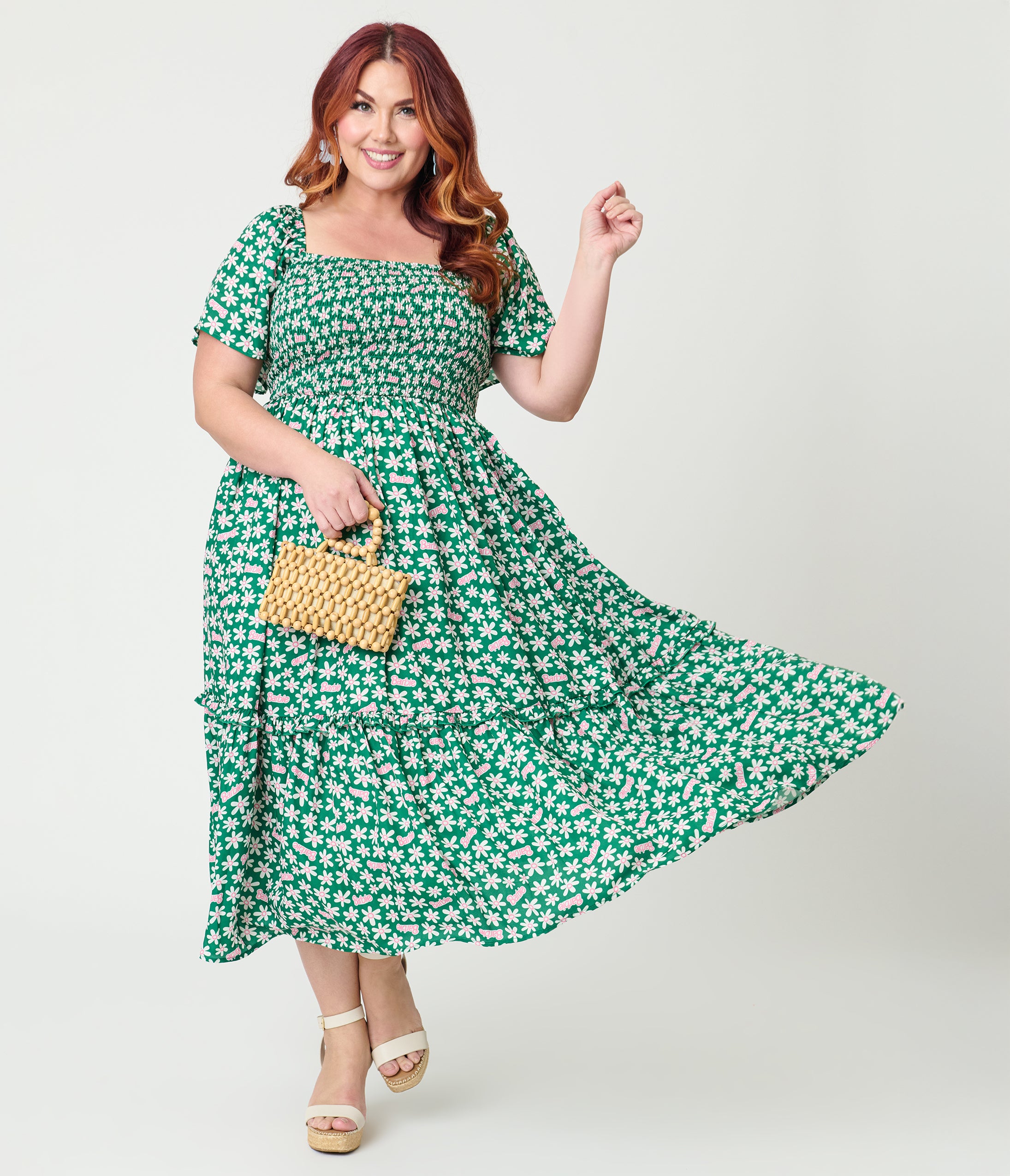 Barbie™ x Unique Vintage Plus Size Green Ditzy Daisy Smocked Midi Dress