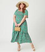 Barbie™ x Unique Vintage Plus Size Green Ditzy Daisy Smocked Midi Dress