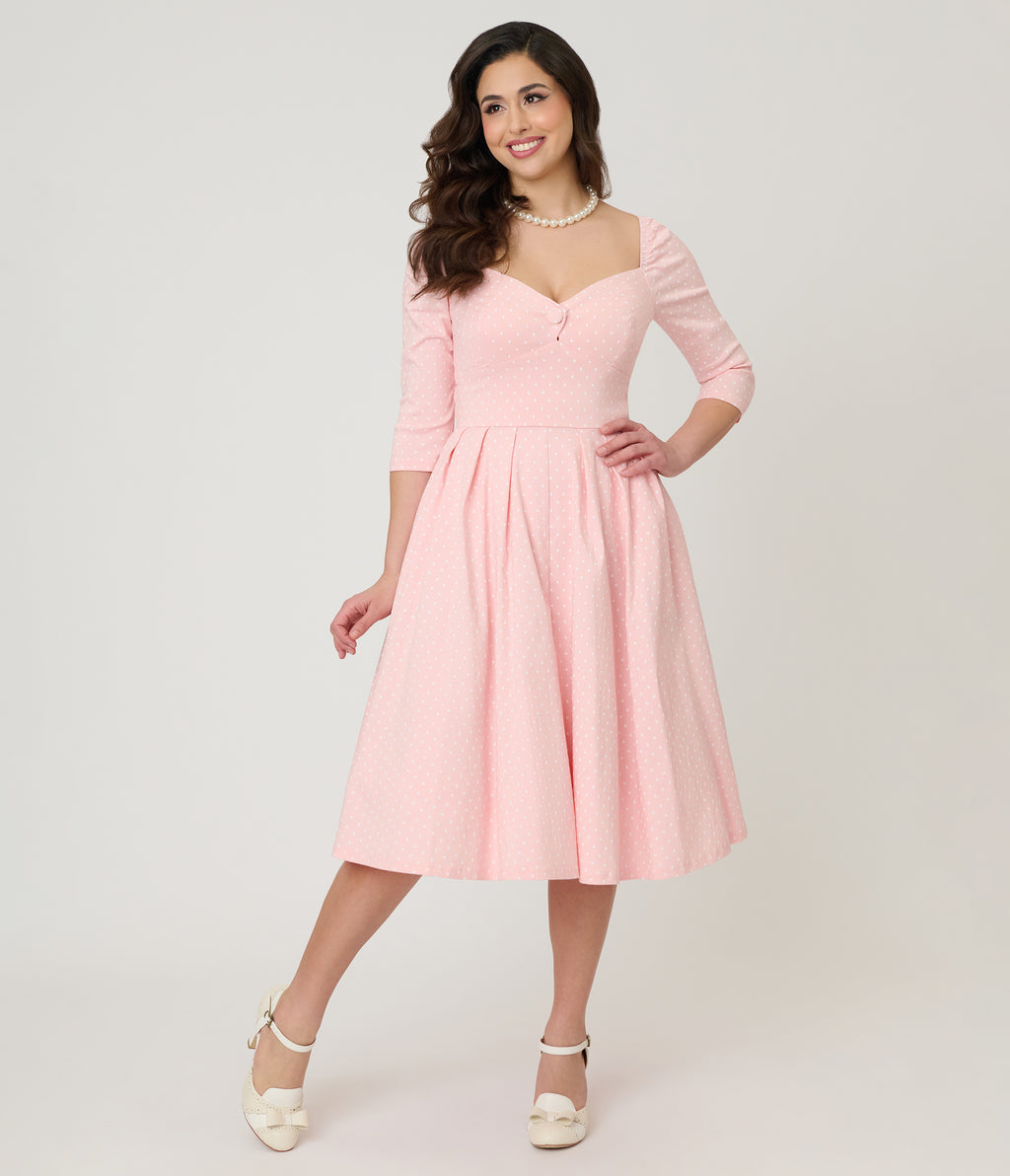Unique Vintage Light Pink Pin Dot Lamar Swing Dress