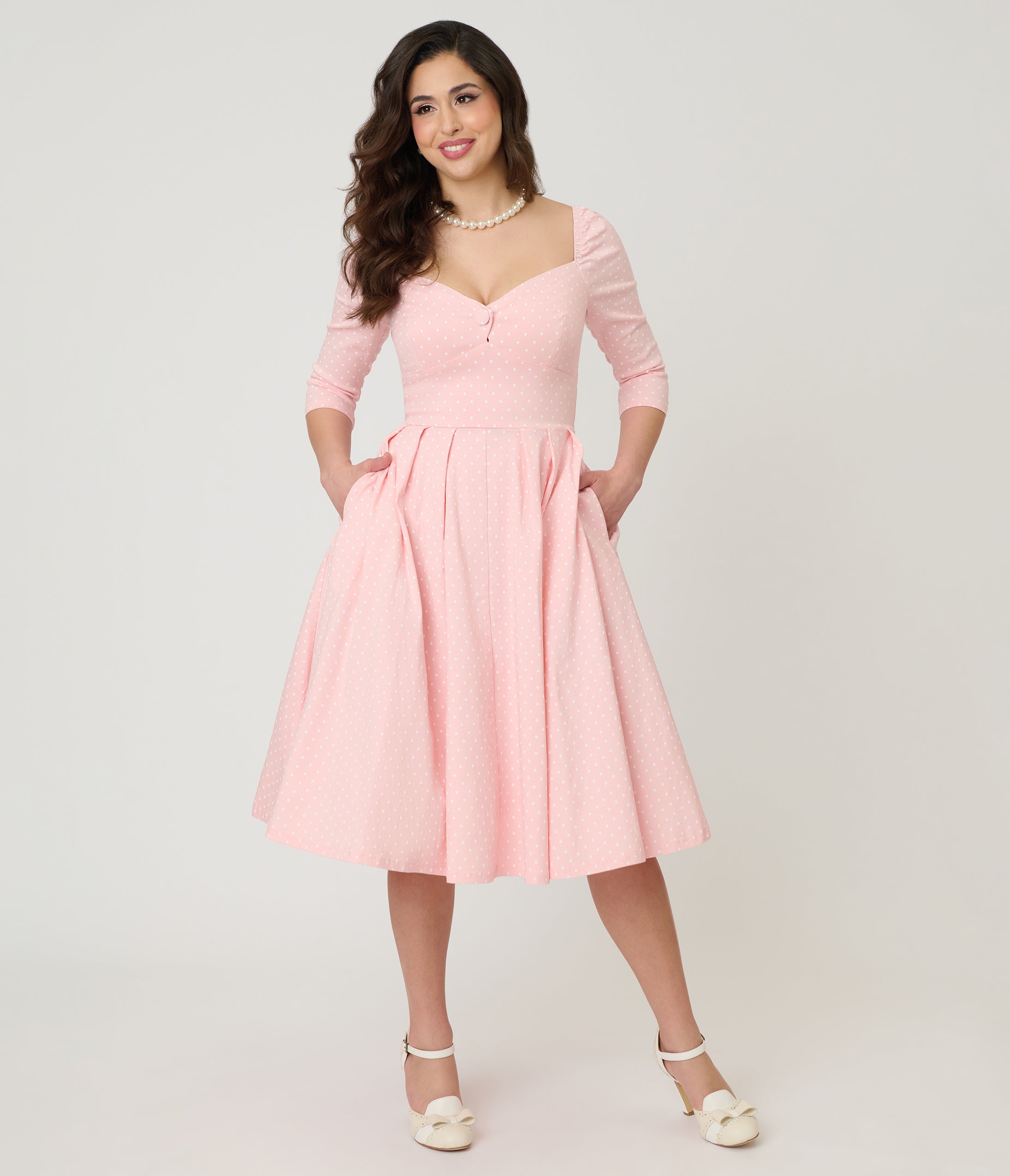 Unique Vintage Light Pink Pin Dot Lamar Swing Dress