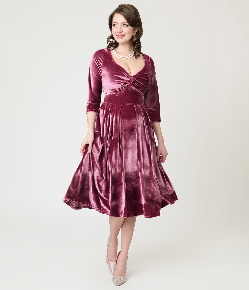 Unique Vintage Mauve Velvet Front Twist Swing Dress