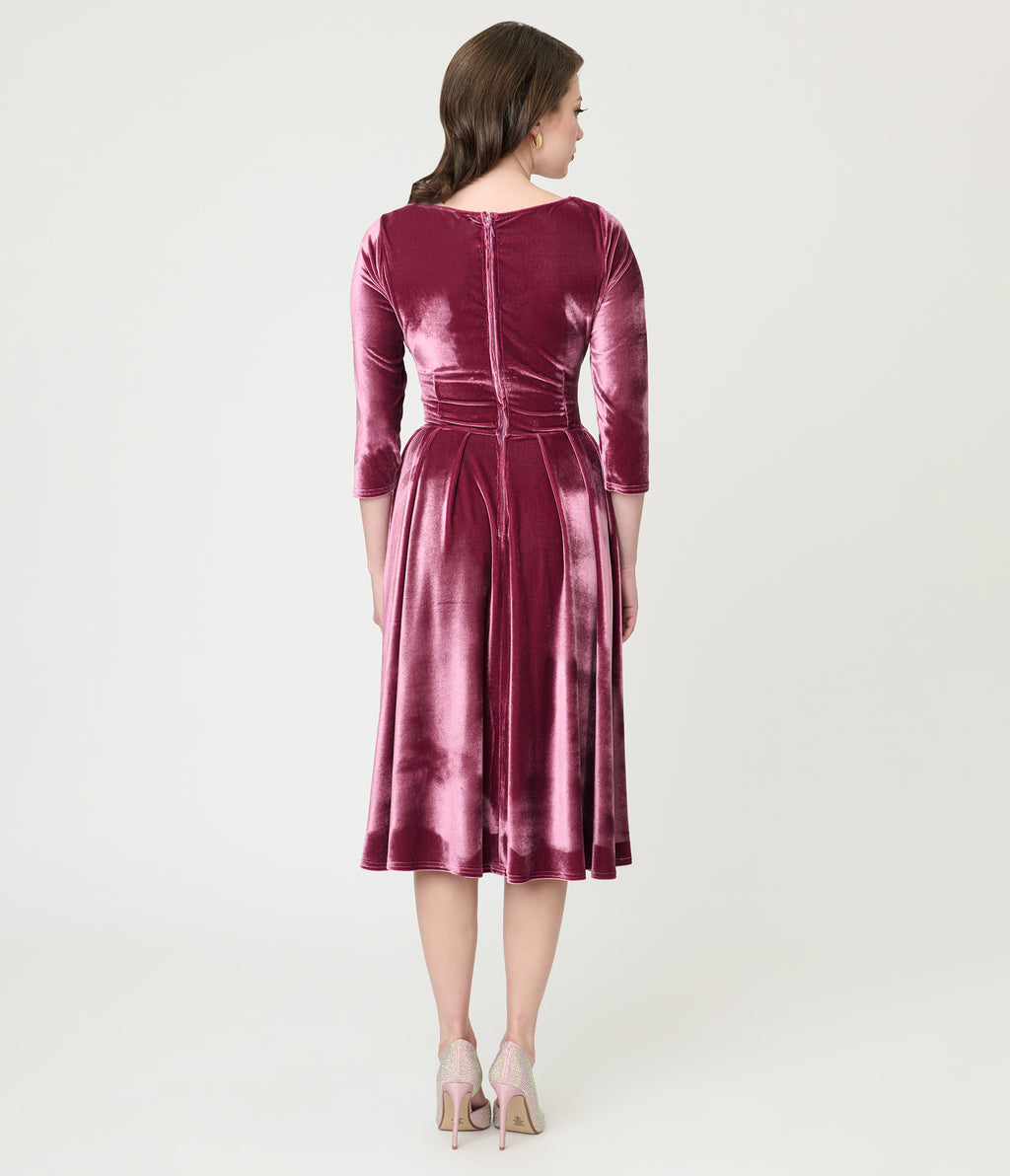 Unique Vintage Mauve Velvet Front Twist Swing Dress