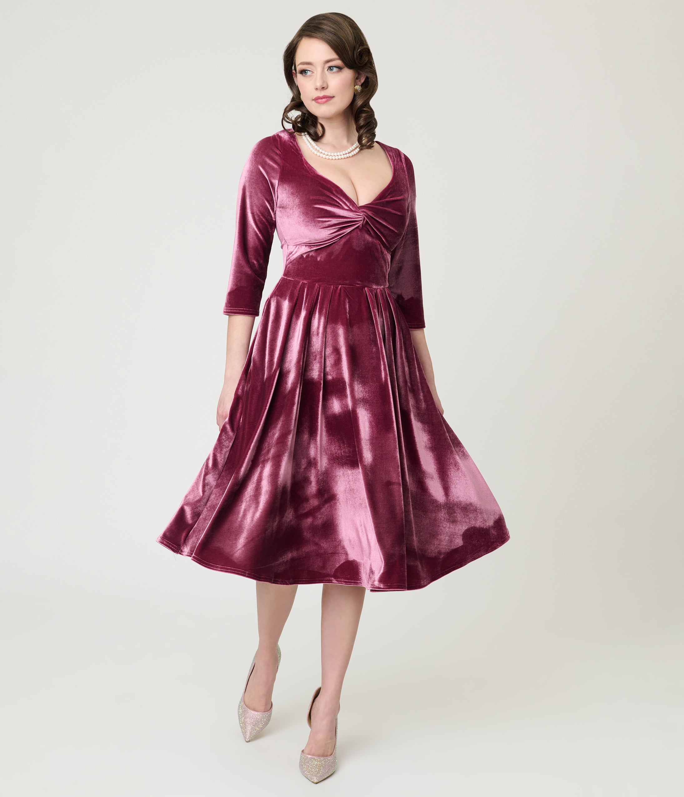 Unique Vintage Mauve Velvet Front Twist Swing Dress