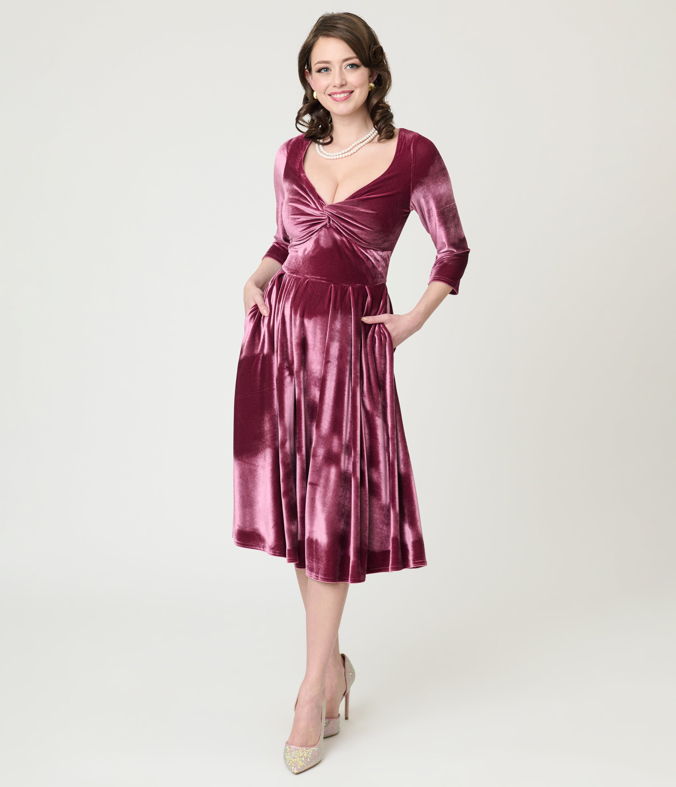 Unique Vintage Mauve Velvet Front Twist Swing Dress