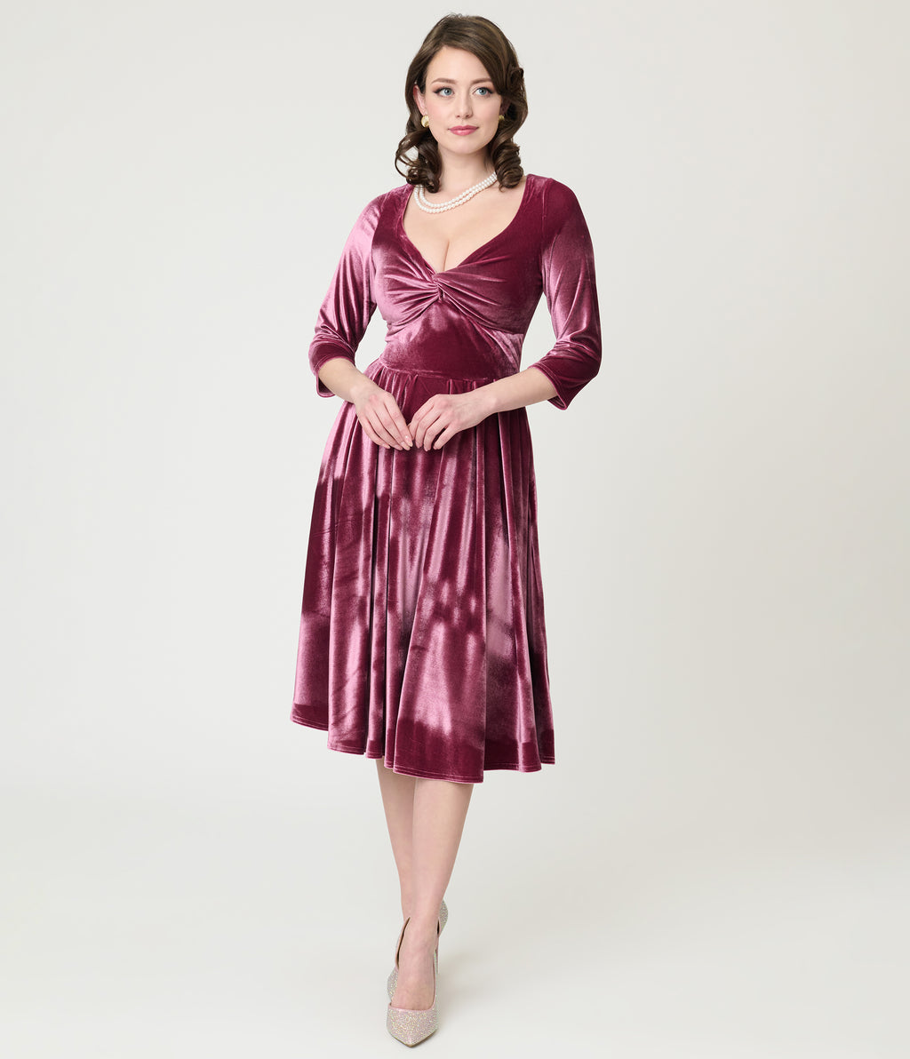 Unique Vintage Mauve Velvet Front Twist Swing Dress