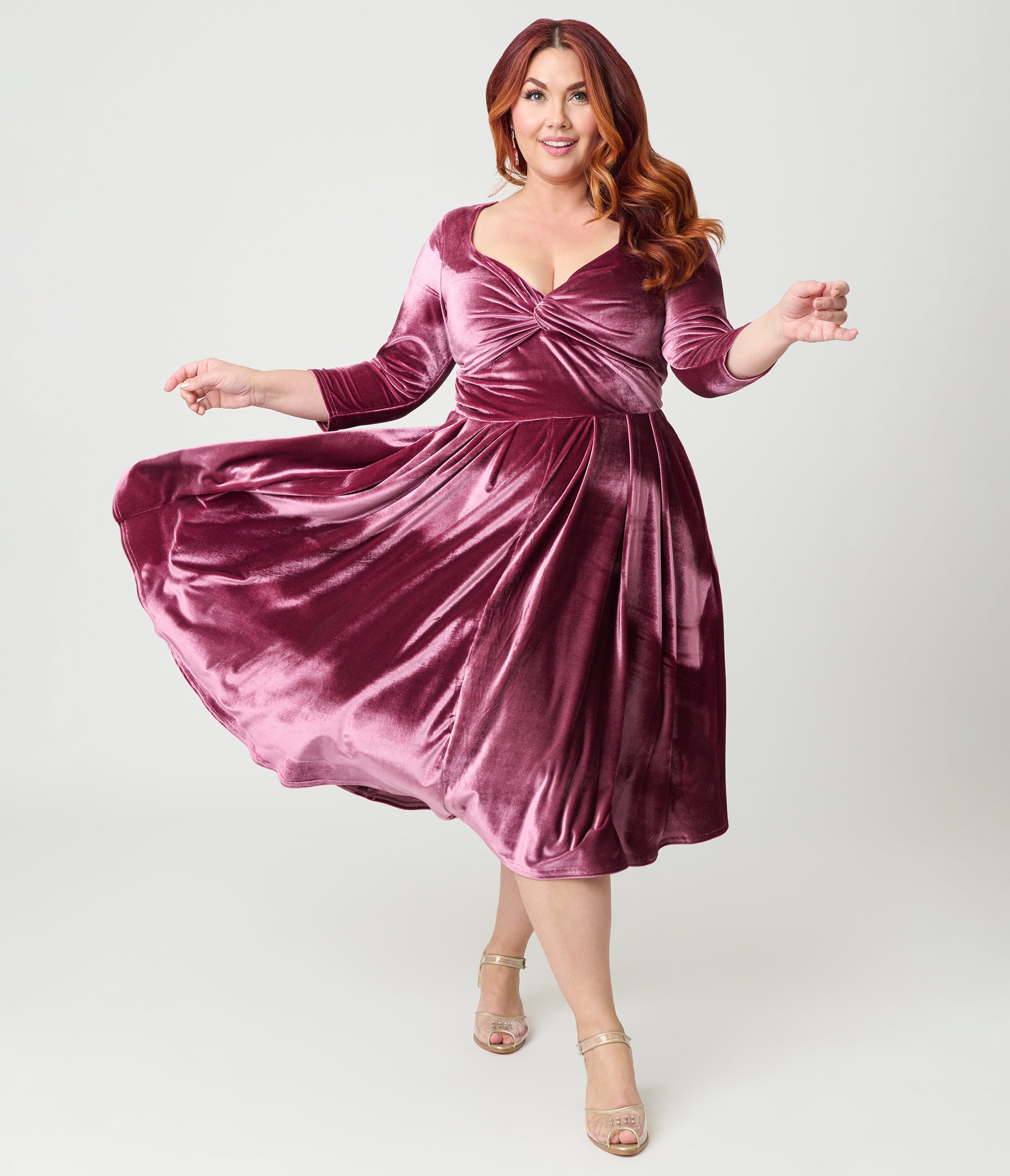 Unique Vintage Plus Size Mauve Velvet Front Twist Swing Dress