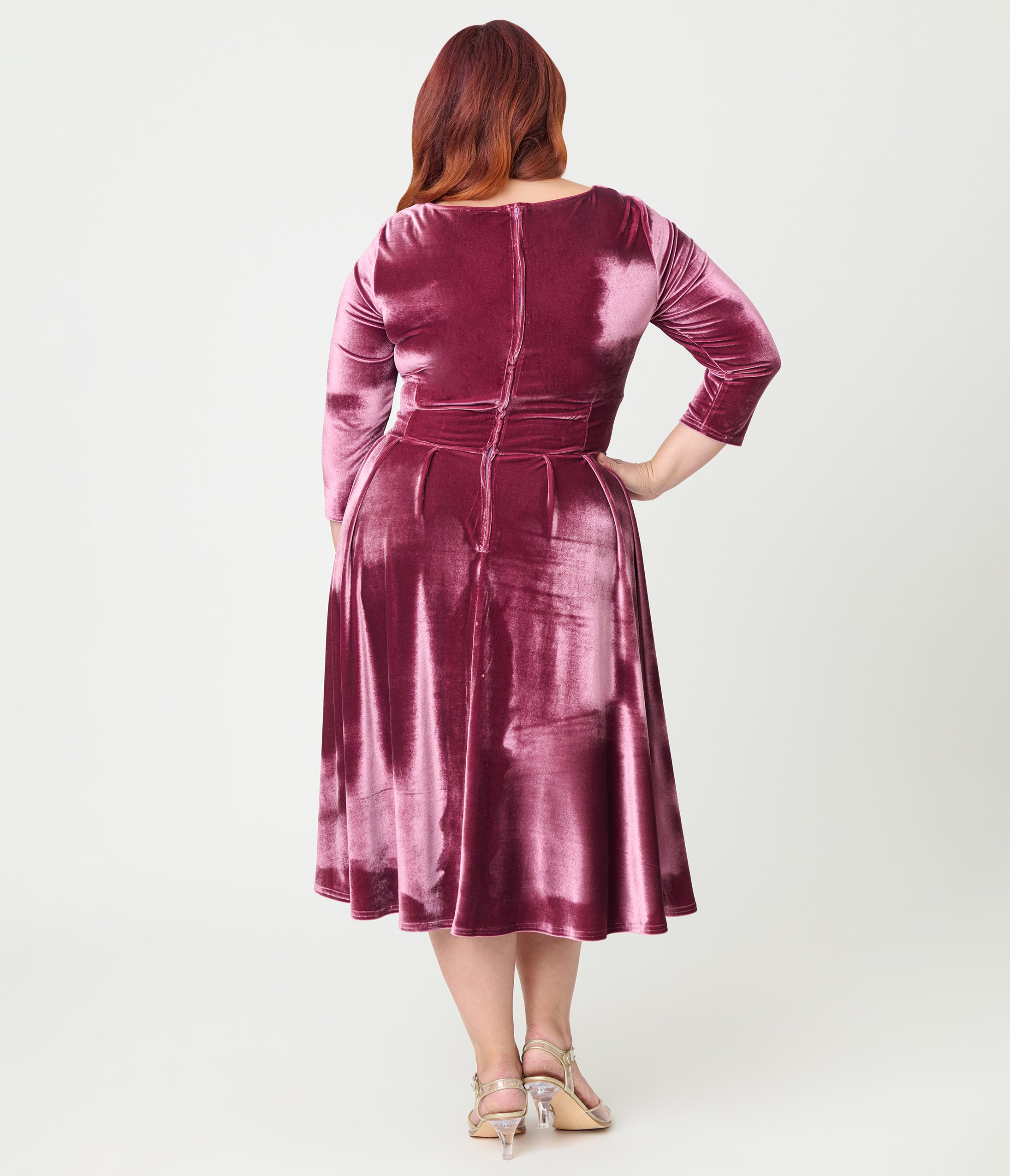 Unique Vintage Plus Size Mauve Velvet Front Twist Swing Dress