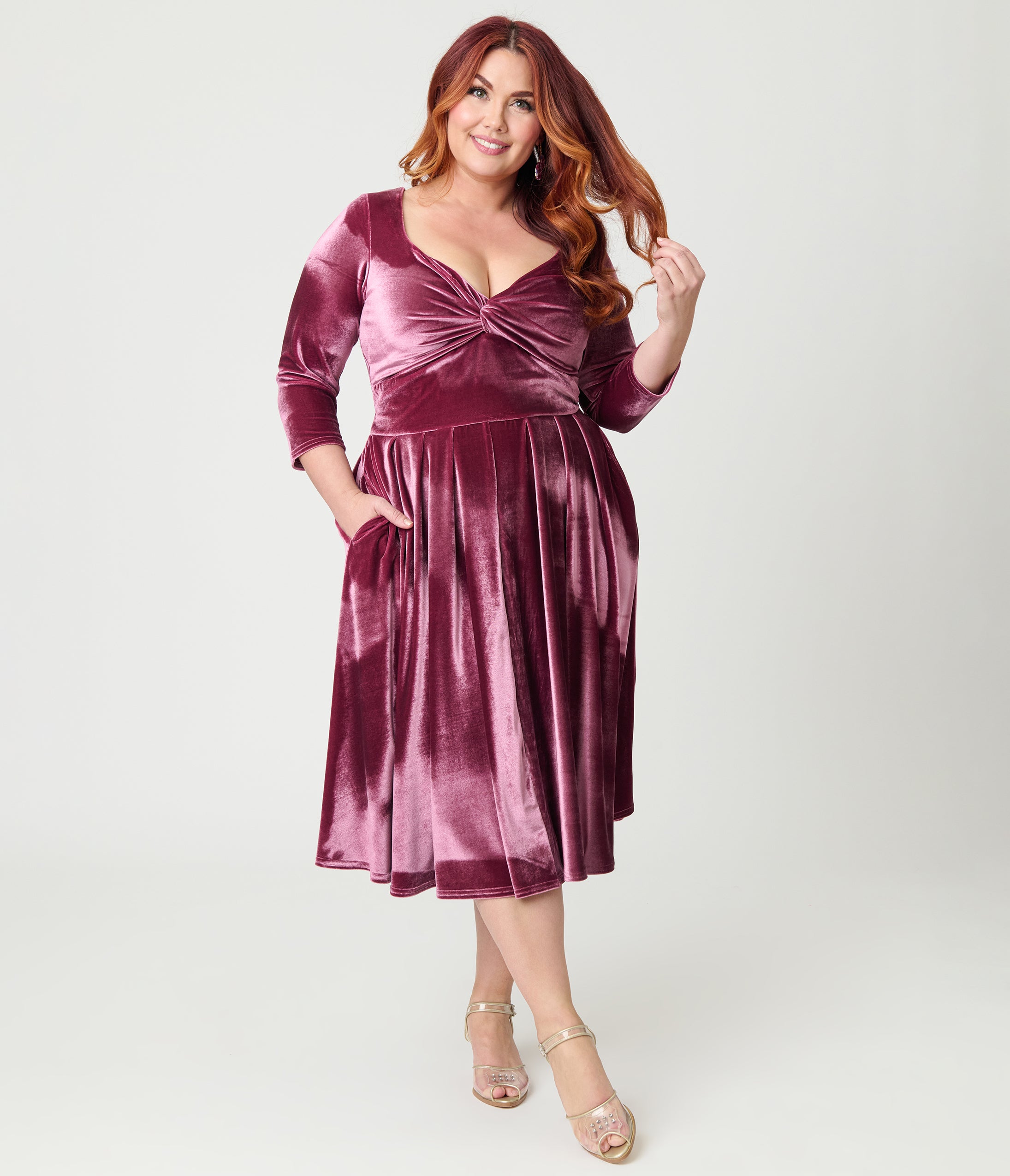 Unique Vintage Plus Size Mauve Velvet Front Twist Swing Dress