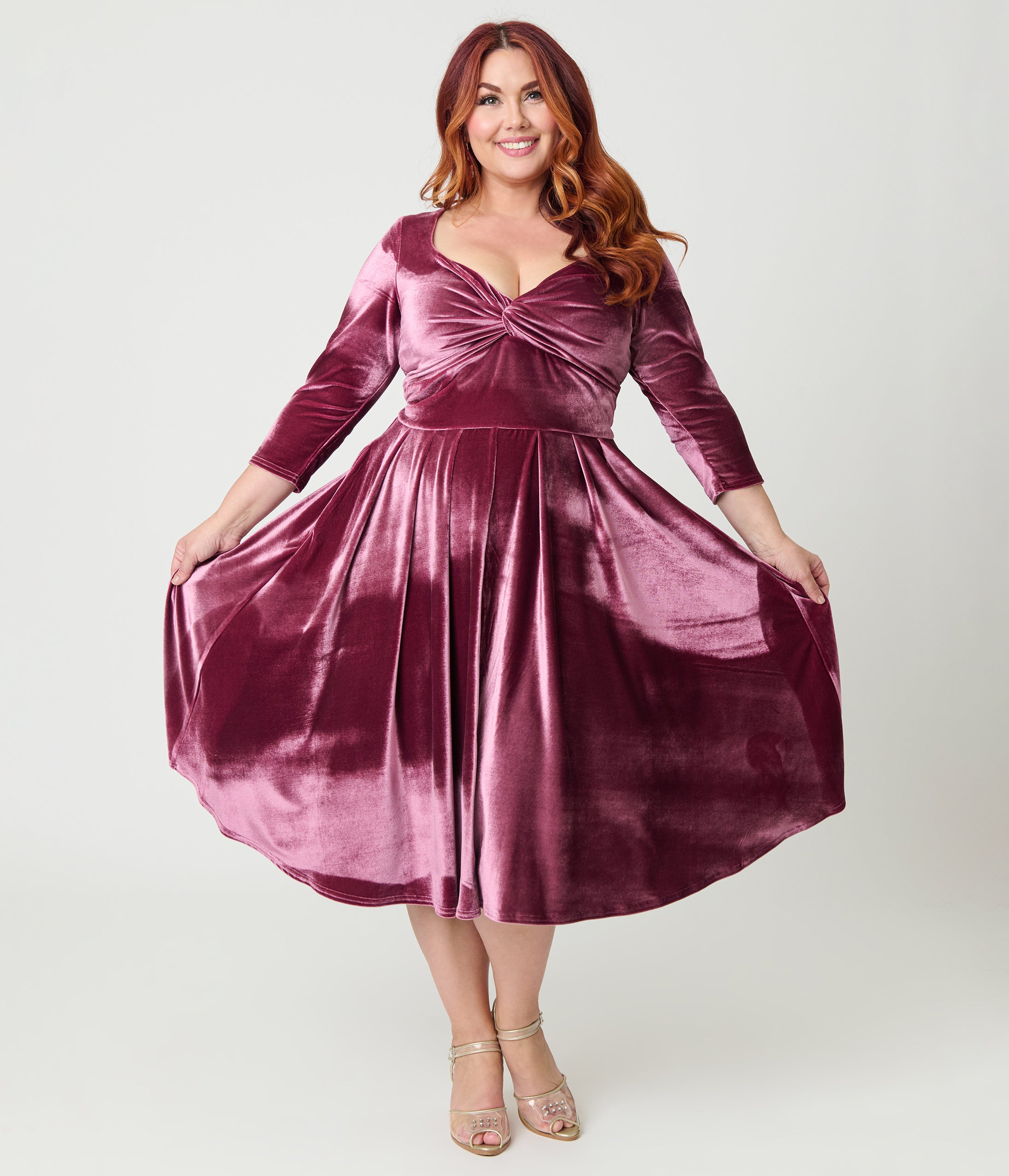 Unique Vintage Plus Size Mauve Velvet Front Twist Swing Dress