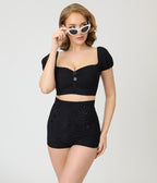 Pinky Pinups Black Textured Puff Sleeve Swim Top