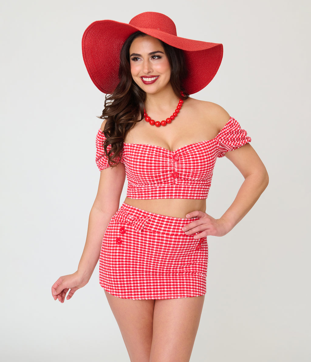 Pinky Pinups Red Gingham Textured Puff Sleeve Swim Top