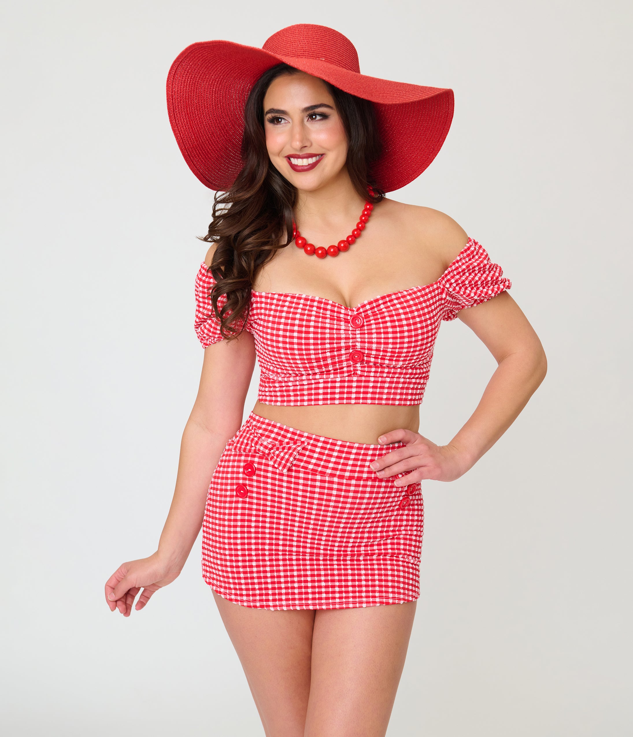 Pinky Pinups Red Gingham Textured Puff Sleeve Swim Top