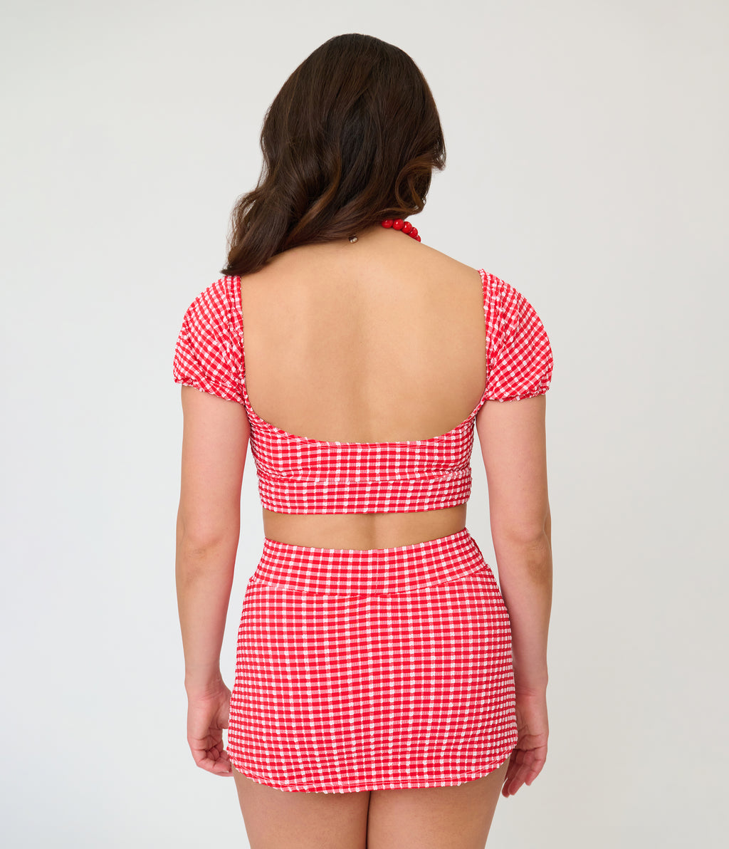 Pinky Pinups Red Gingham Textured Puff Sleeve Swim Top