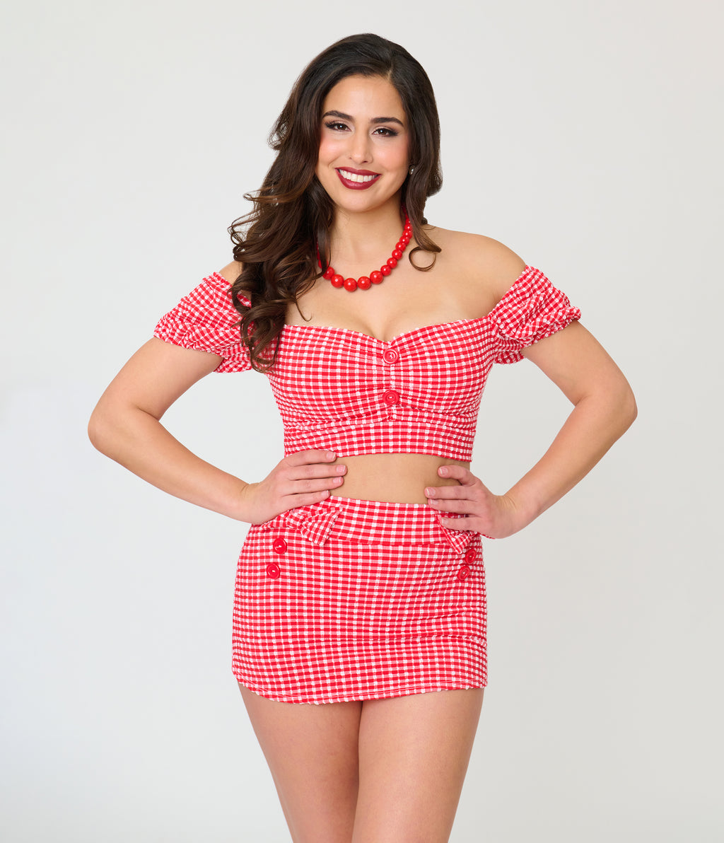 Pinky Pinups Red Gingham Textured Puff Sleeve Swim Top