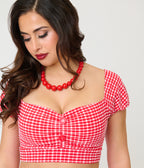 Pinky Pinups Red Gingham Textured Puff Sleeve Swim Top